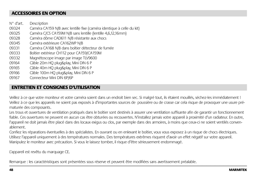 Marmitek 1082002 owner manual Accessoires EN Option, Entretien ET Consignes D’UTILISATION 