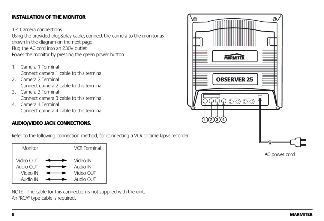 Marmitek 1082002 owner manual Installation of the Monitor, AUDIO/VIDEO Jack Connections 