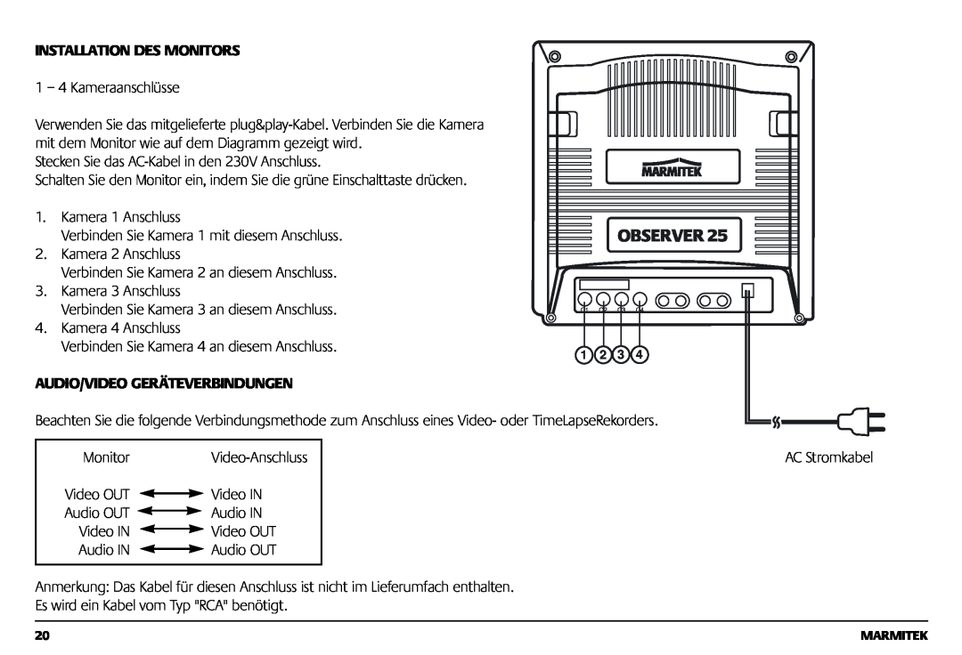 Marmitek 1082002 owner manual Installation Des Monitors, Audio/Video Geräteverbindungen 