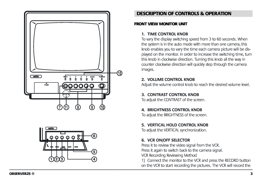 Marmitek 1082002 Description Of Controls & Operation, Front View Monitor Unit, Time Control Knob, Volume Control Knob 
