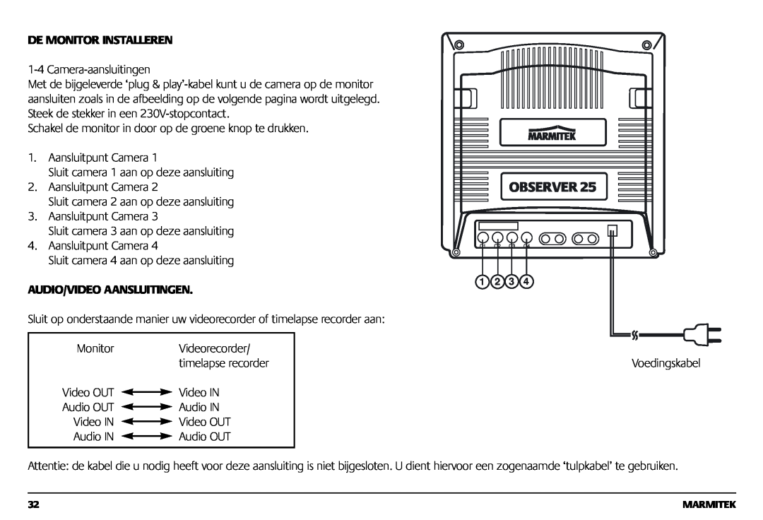 Marmitek 1082002 owner manual De Monitor Installeren, Audio/Video Aansluitingen 