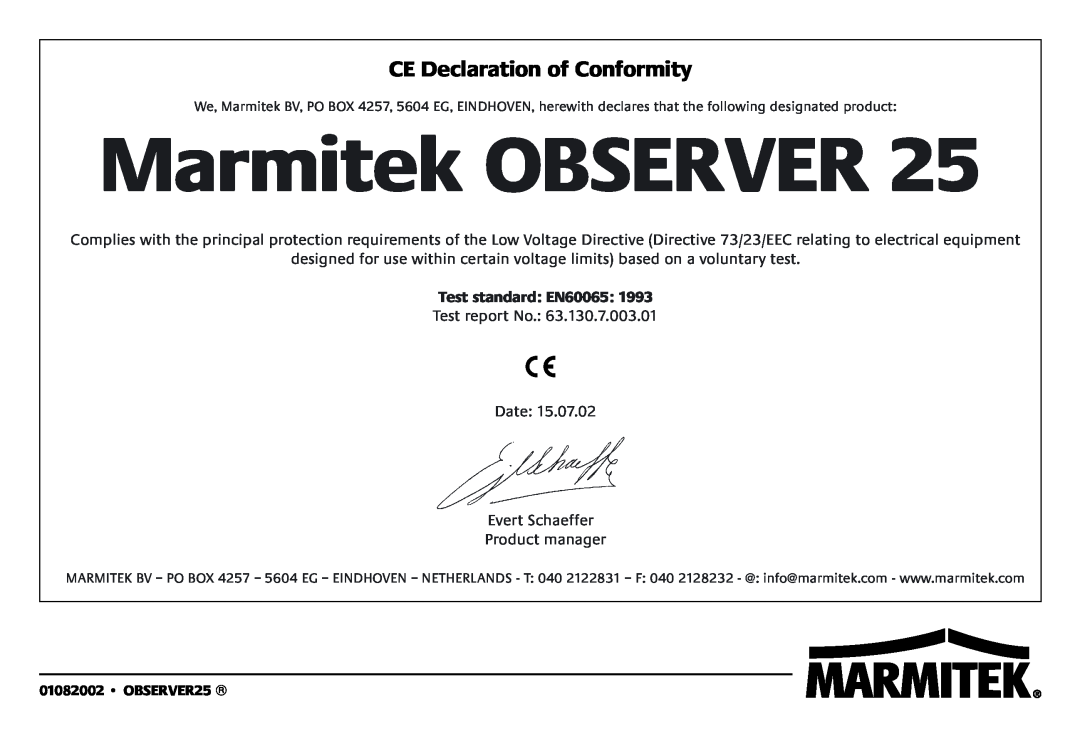 Marmitek 1082002 owner manual Marmitek OBSERVER, CE Declaration of Conformity, Test standard EN60065 
