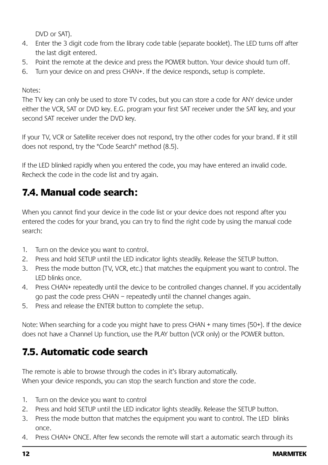 Marmitek 121101 Manual code search, Automatic code search, Press and release the Enter button to complete the setup 