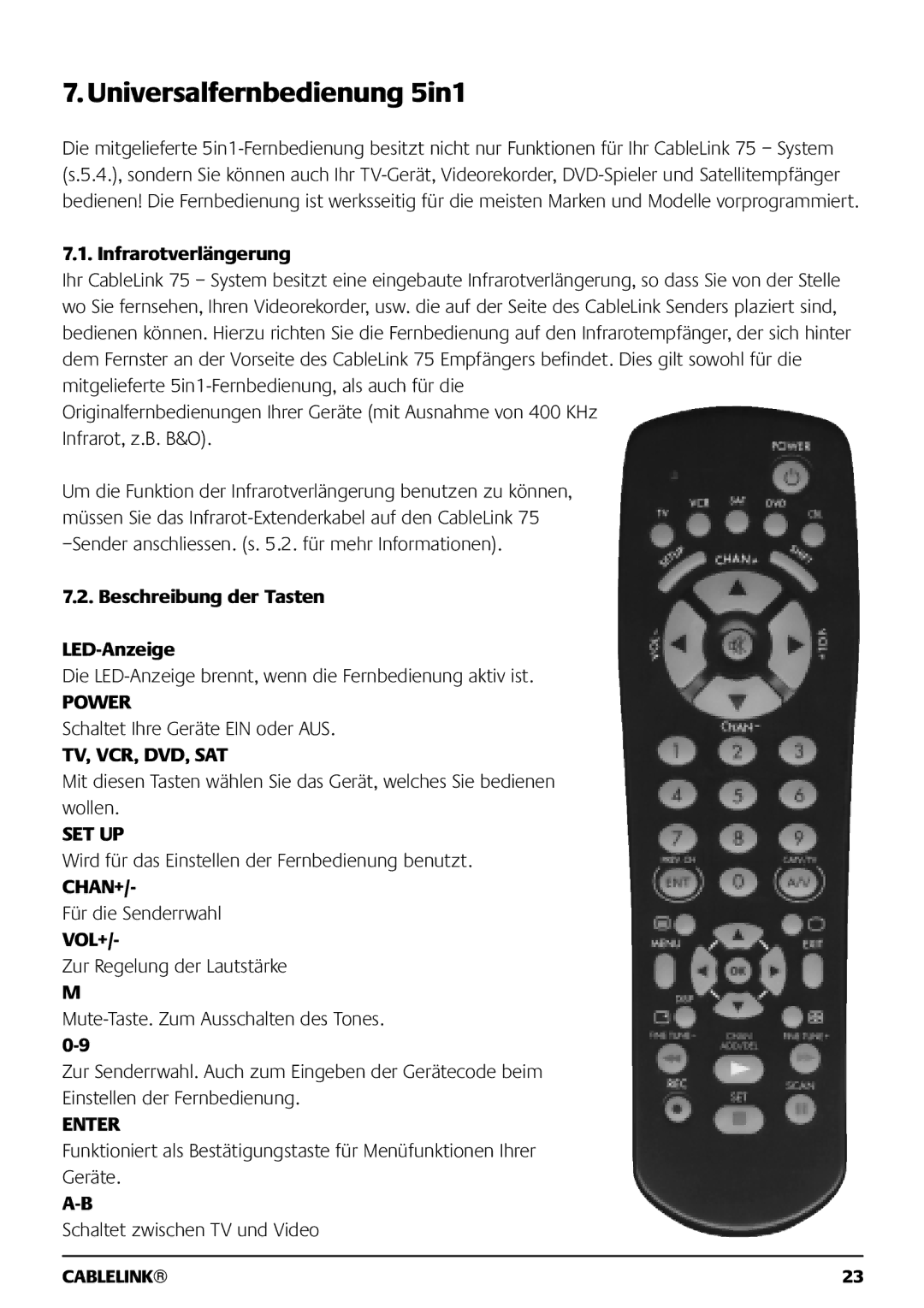 Marmitek 121101 owner manual Universalfernbedienung 5in1, Infrarotverlängerung, Beschreibung der Tasten LED-Anzeige, Vol+ 