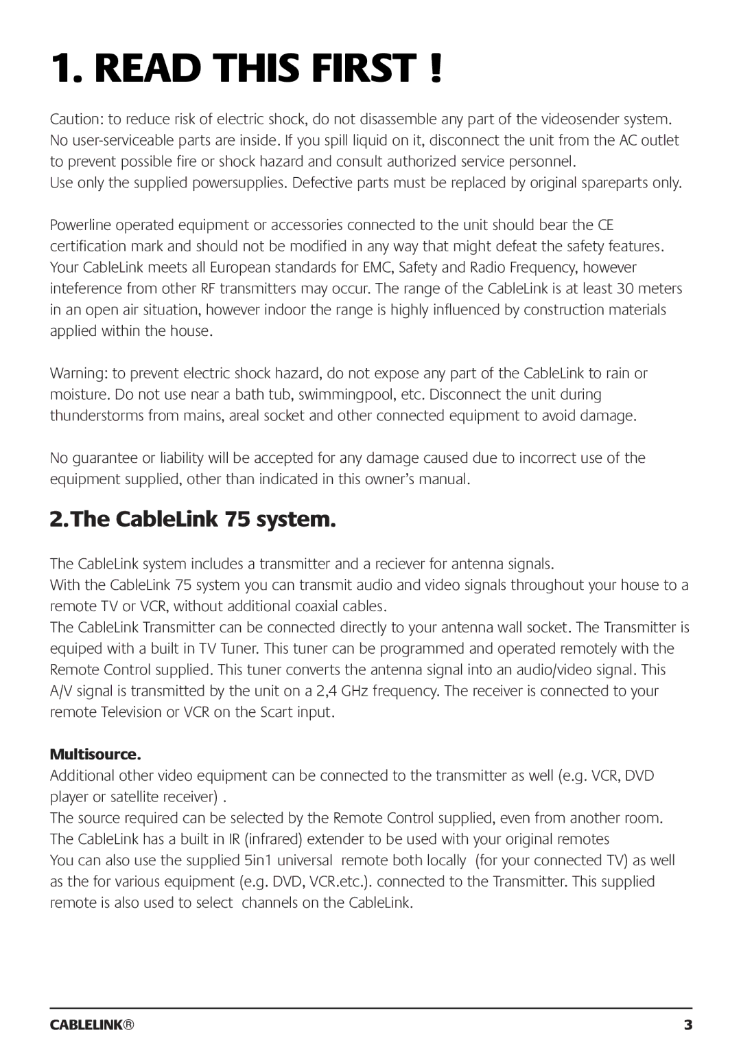 Marmitek 121101 owner manual CableLink 75 system, Multisource 