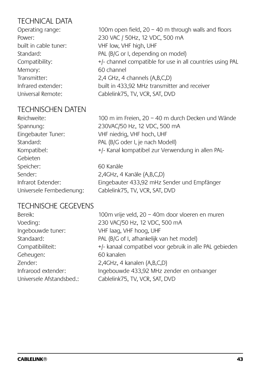 Marmitek 121101 owner manual Technical Data, Im Freien, 20 40 m durch Decken und Wände 