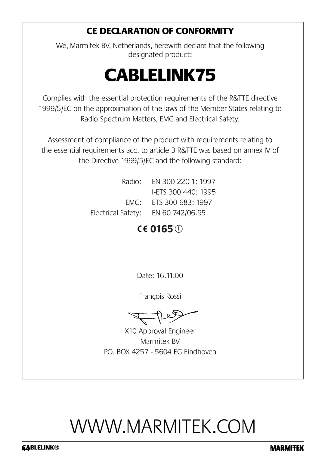 Marmitek 121101 owner manual CABLELINK75 