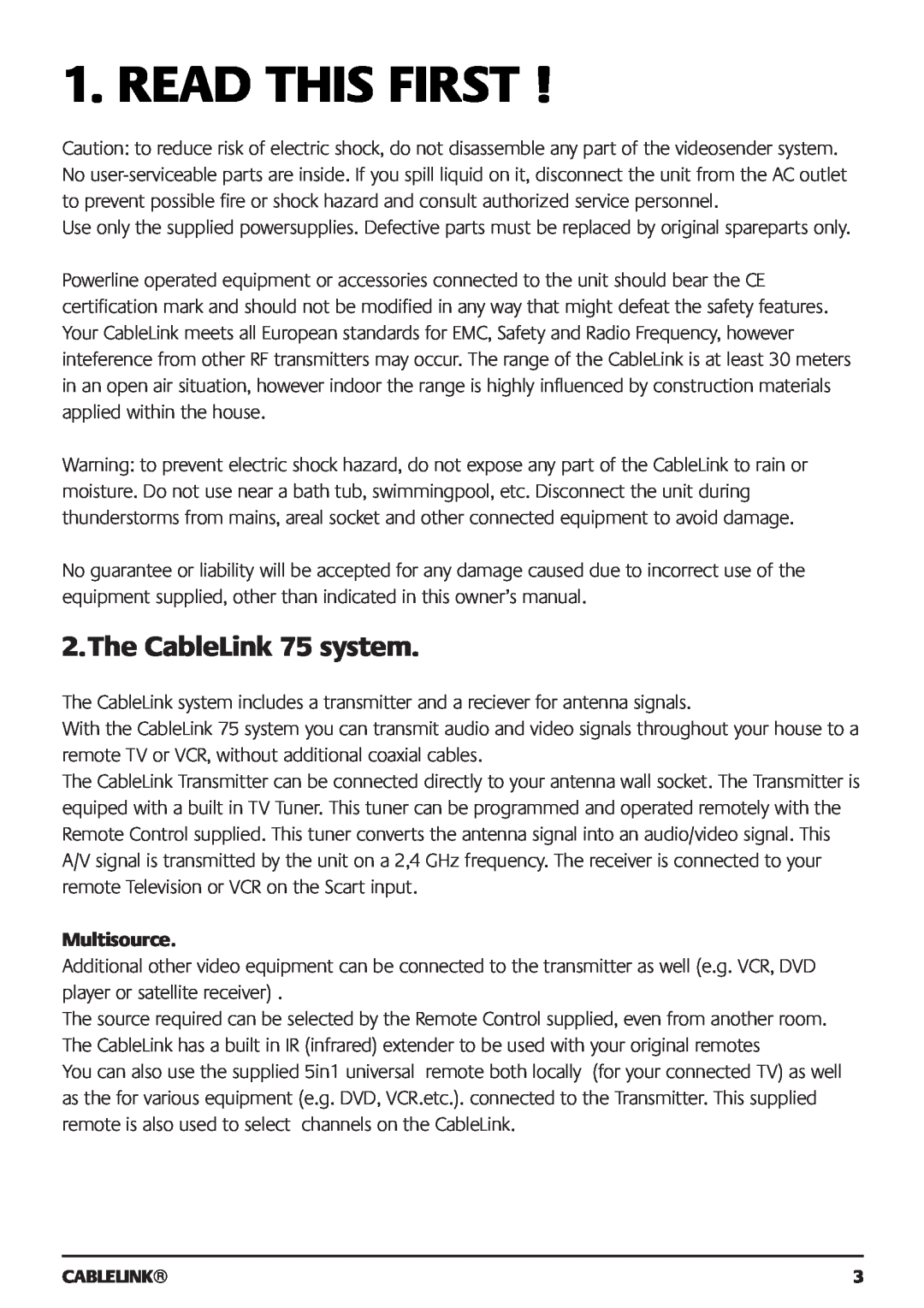 Marmitek 121101 owner manual Read This First, The CableLink 75 system, Multisource 