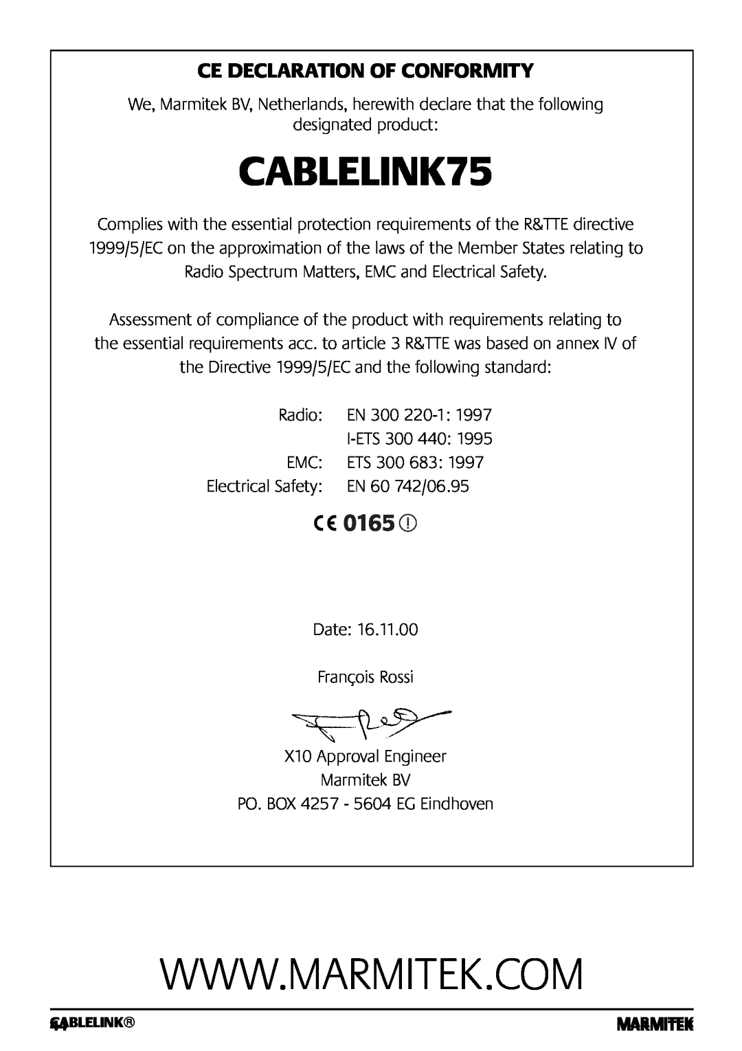 Marmitek 121101 owner manual CABLELINK75, Ce Declaration Of Conformity 