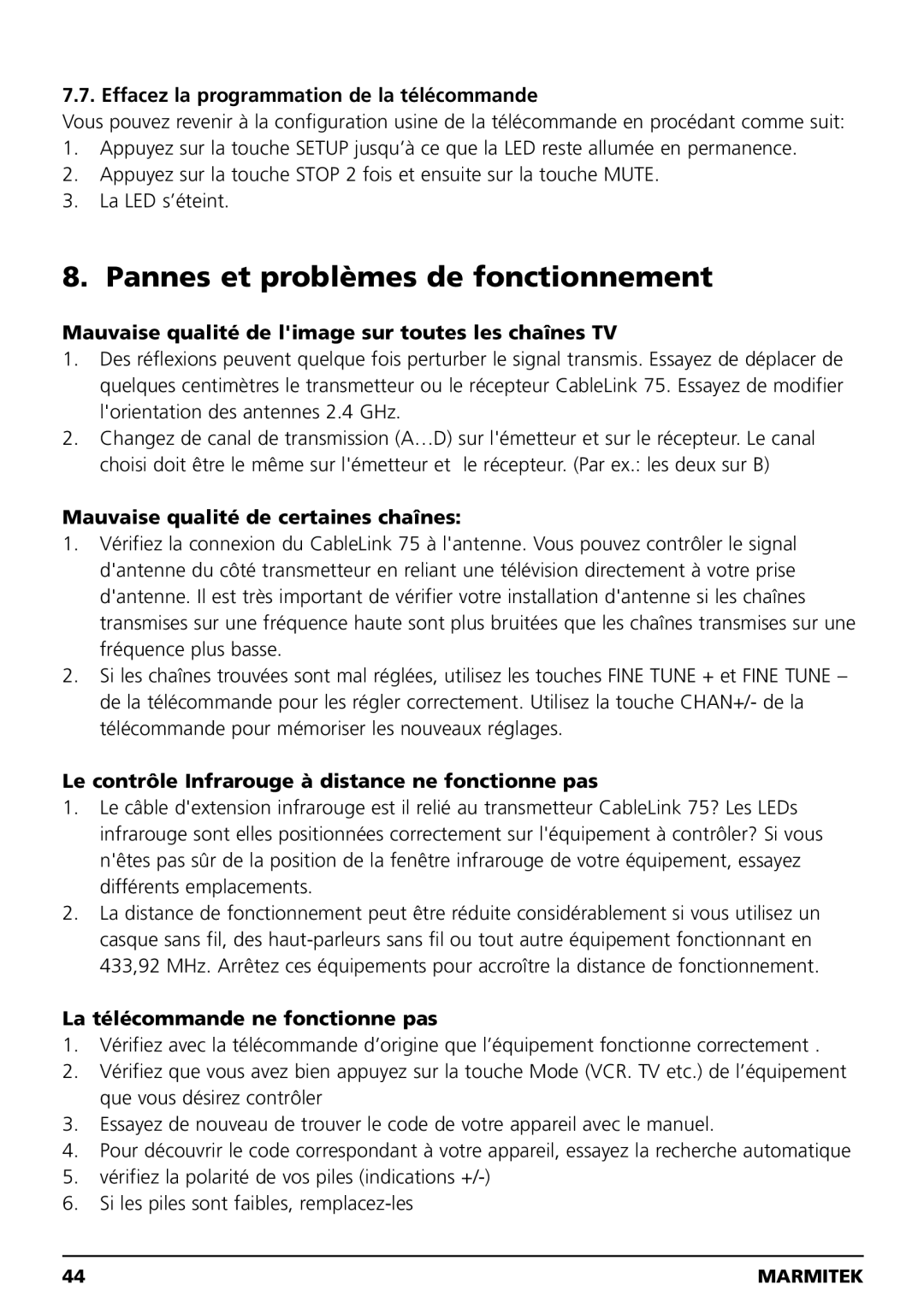 Marmitek 20041, 100304 owner manual Pannes et problèmes de fonctionnement 