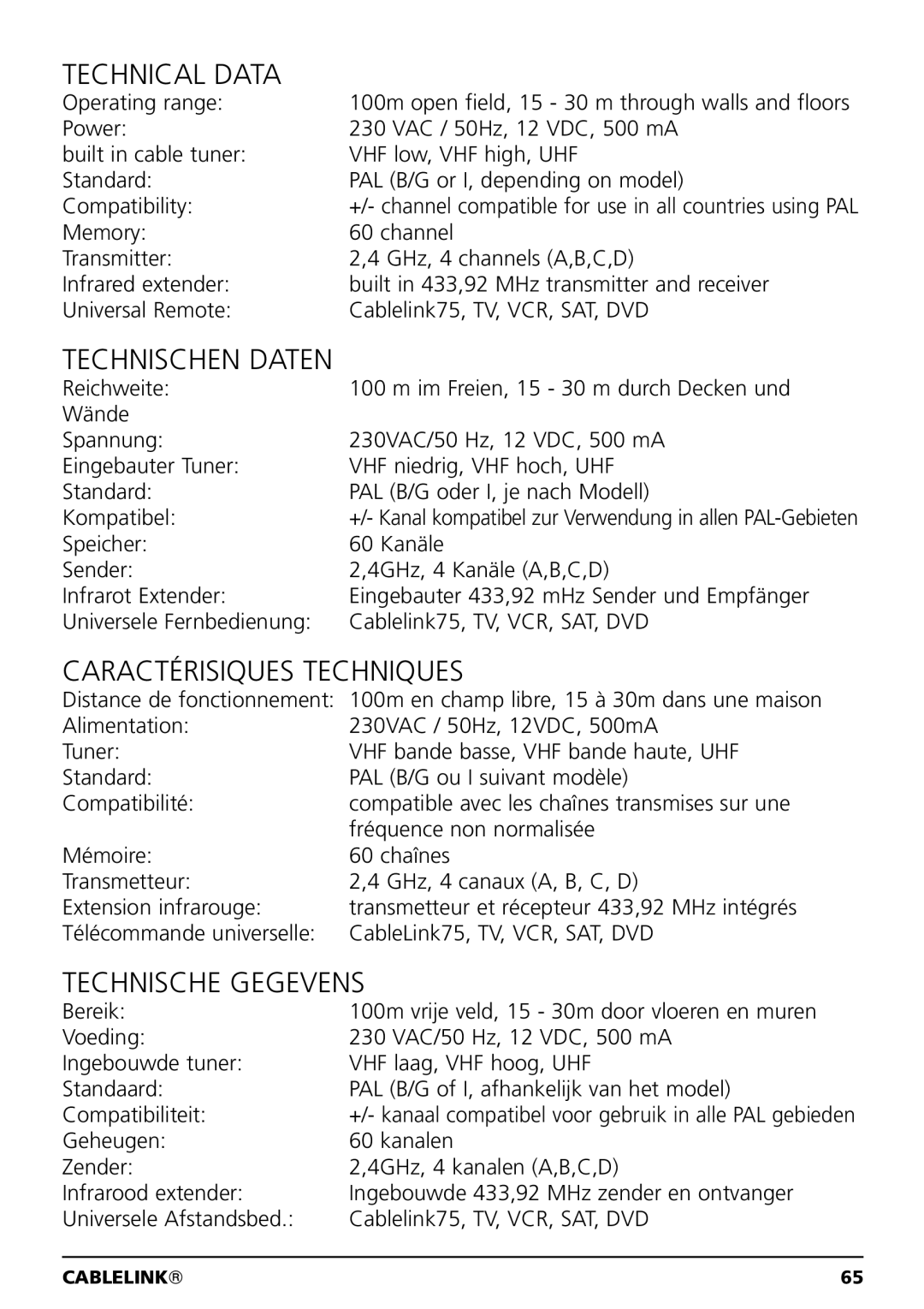 Marmitek 100304, 20041 owner manual Technical Data 