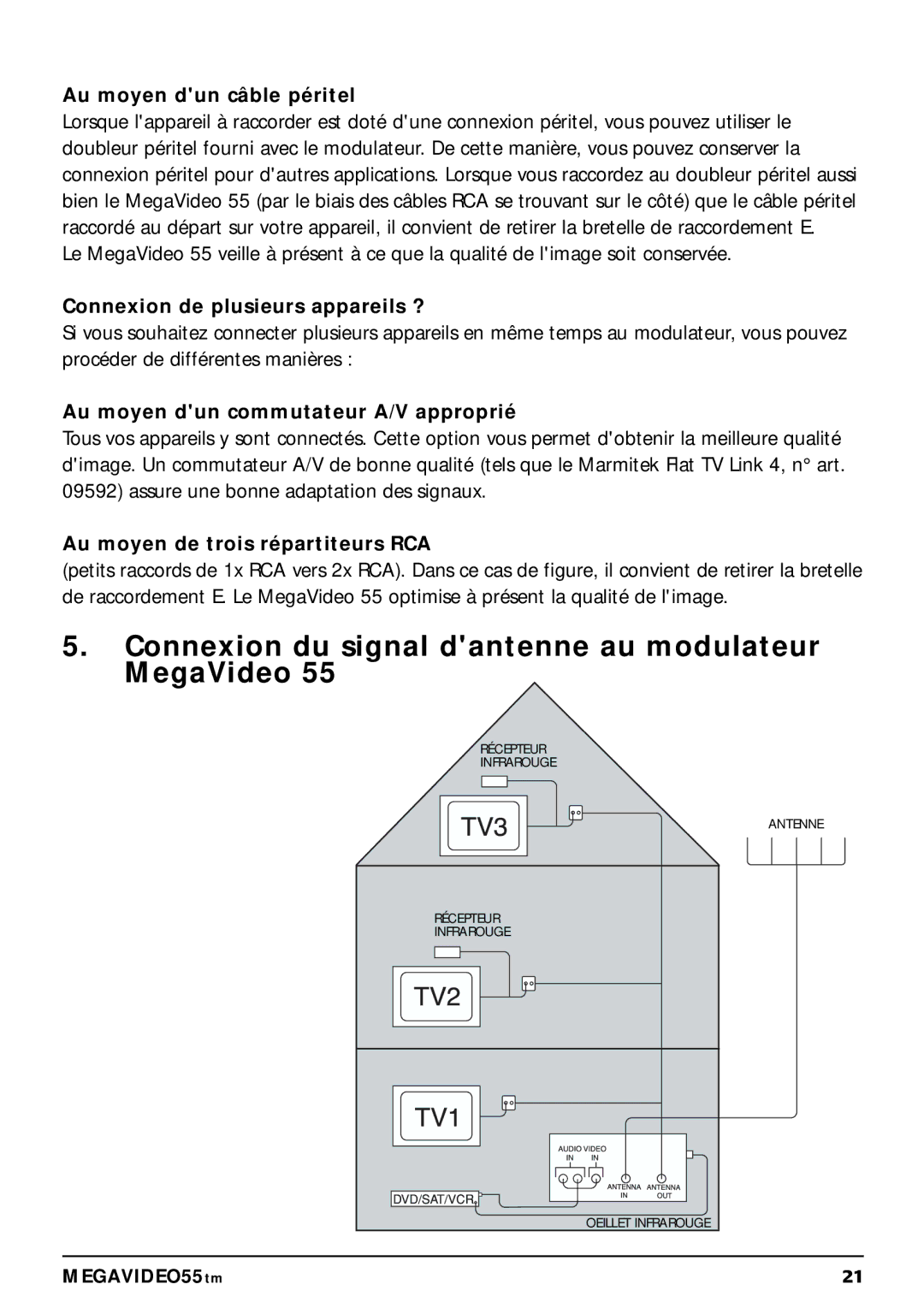 Marmitek 20068 / 300704 Connexion du signal dantenne au modulateur MegaVideo, Au moyen dun câble péritel 