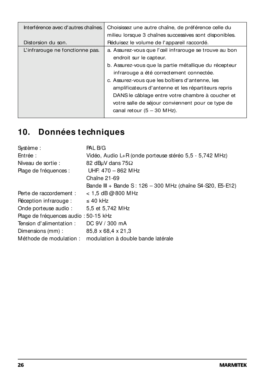 Marmitek 20068 / 300704 operating instructions Données techniques 