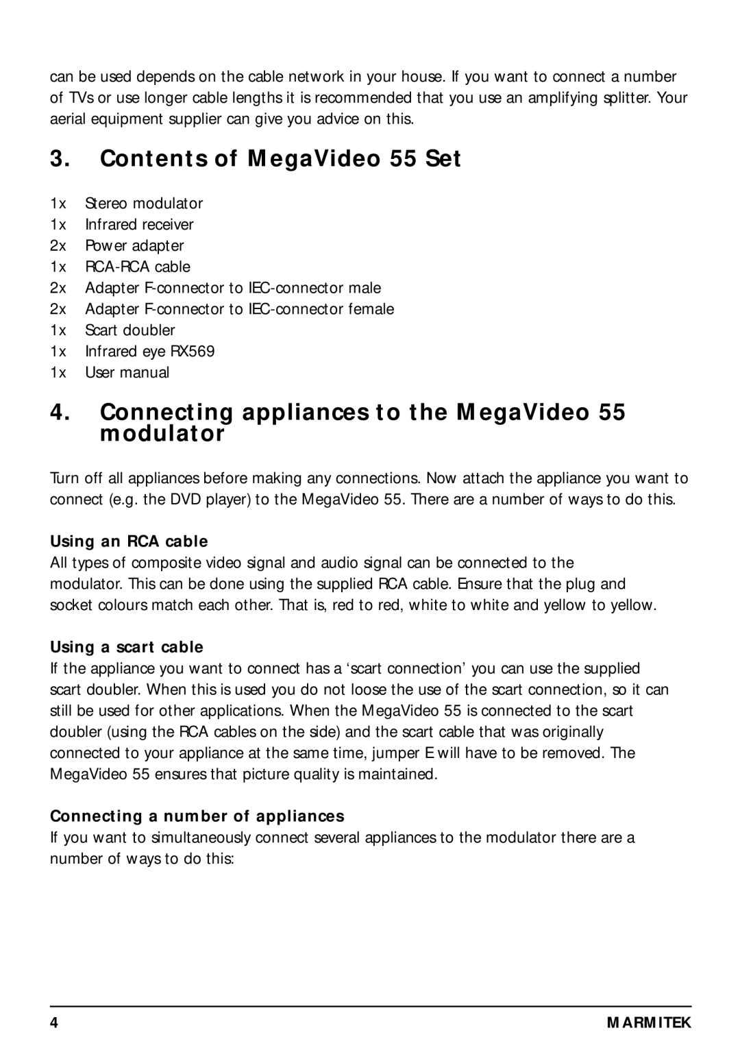 Marmitek 20068 / 300704 Contents of MegaVideo 55 Set, Connecting appliances to the MegaVideo 55 modulator 