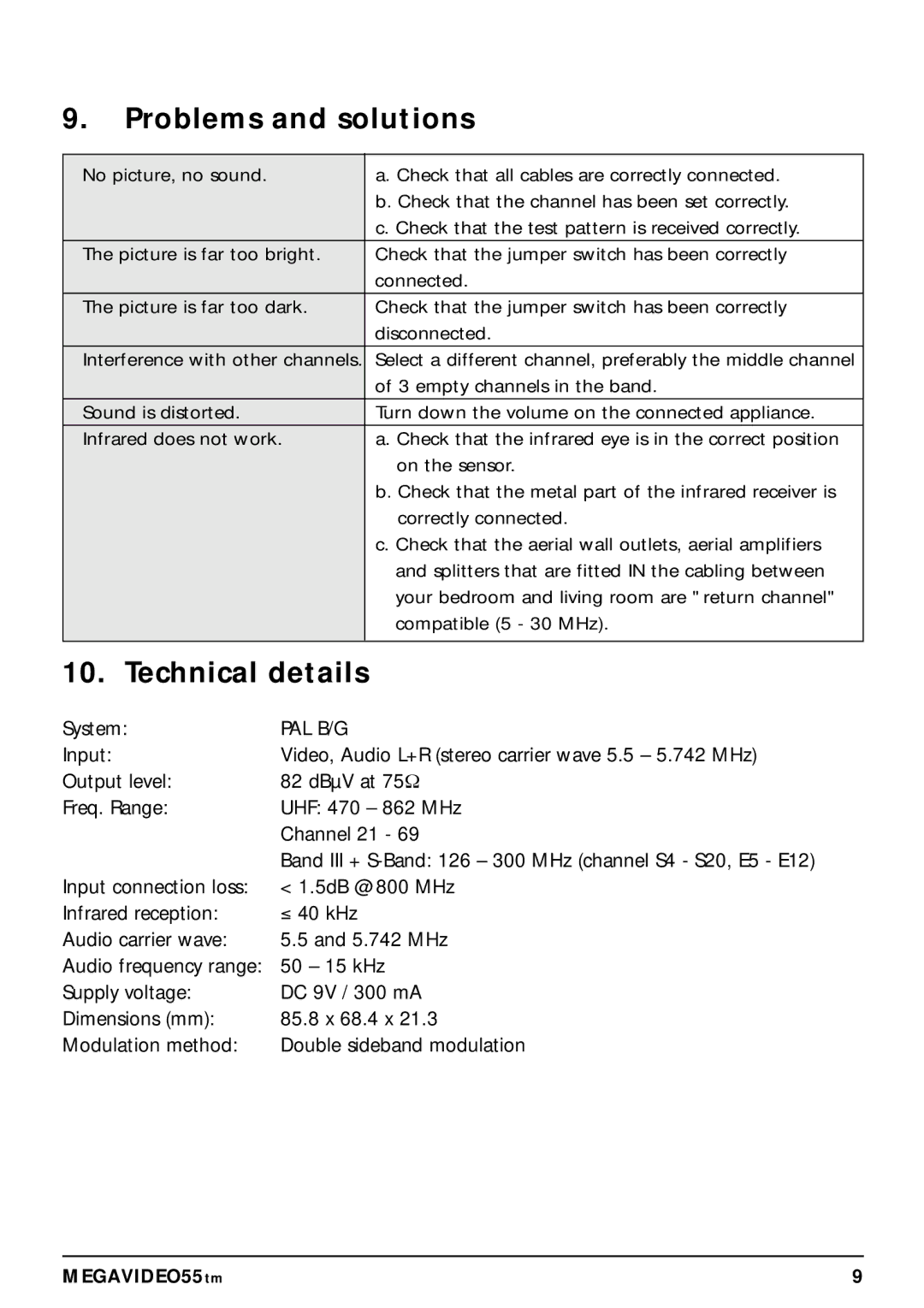 Marmitek 20068 / 300704 operating instructions Problems and solutions, Technical details 