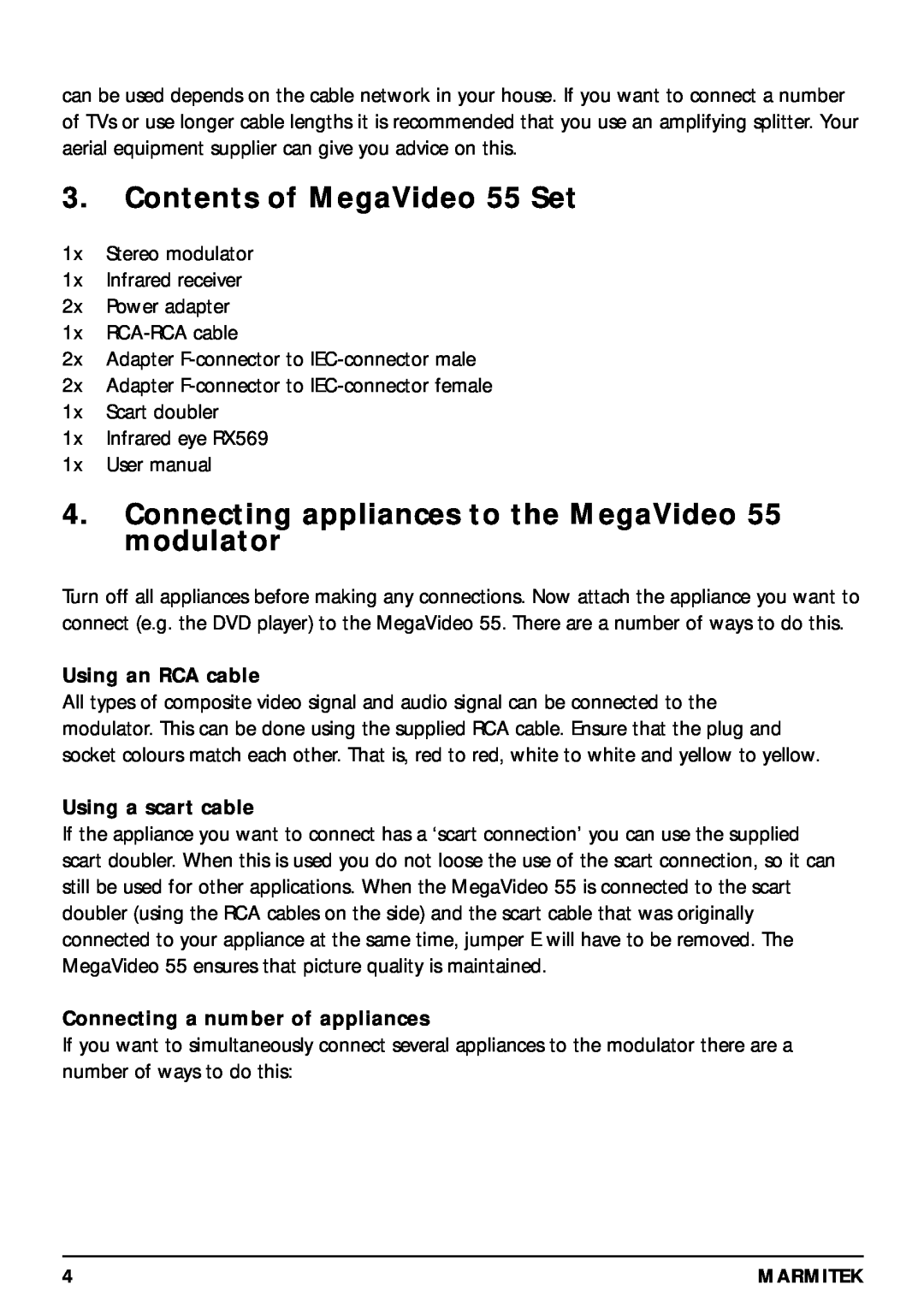Marmitek 20068 / 300704 Contents of MegaVideo 55 Set, Connecting appliances to the MegaVideo 55 modulator 