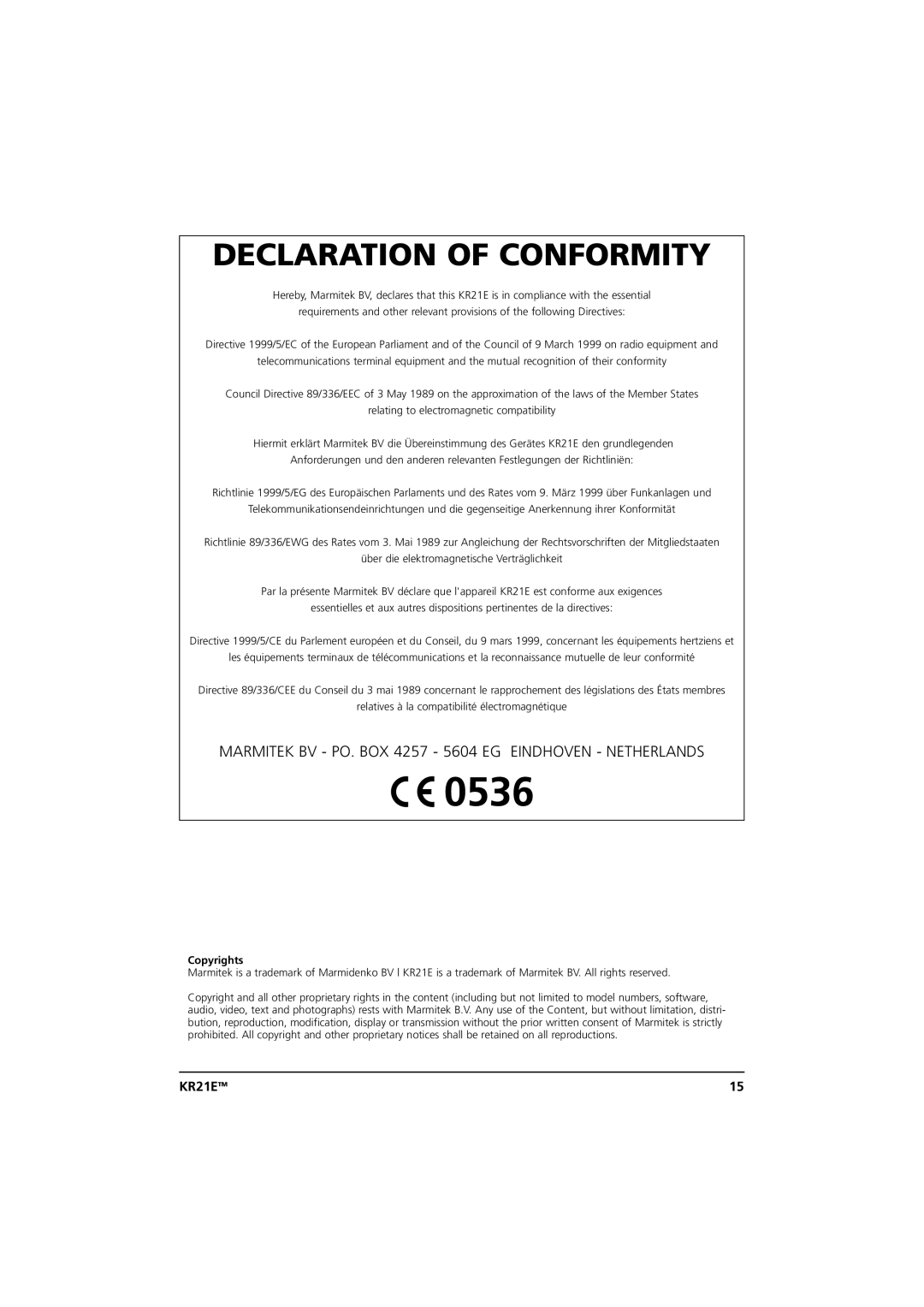 Marmitek 20075/20070403 user manual Declaration of Conformity 