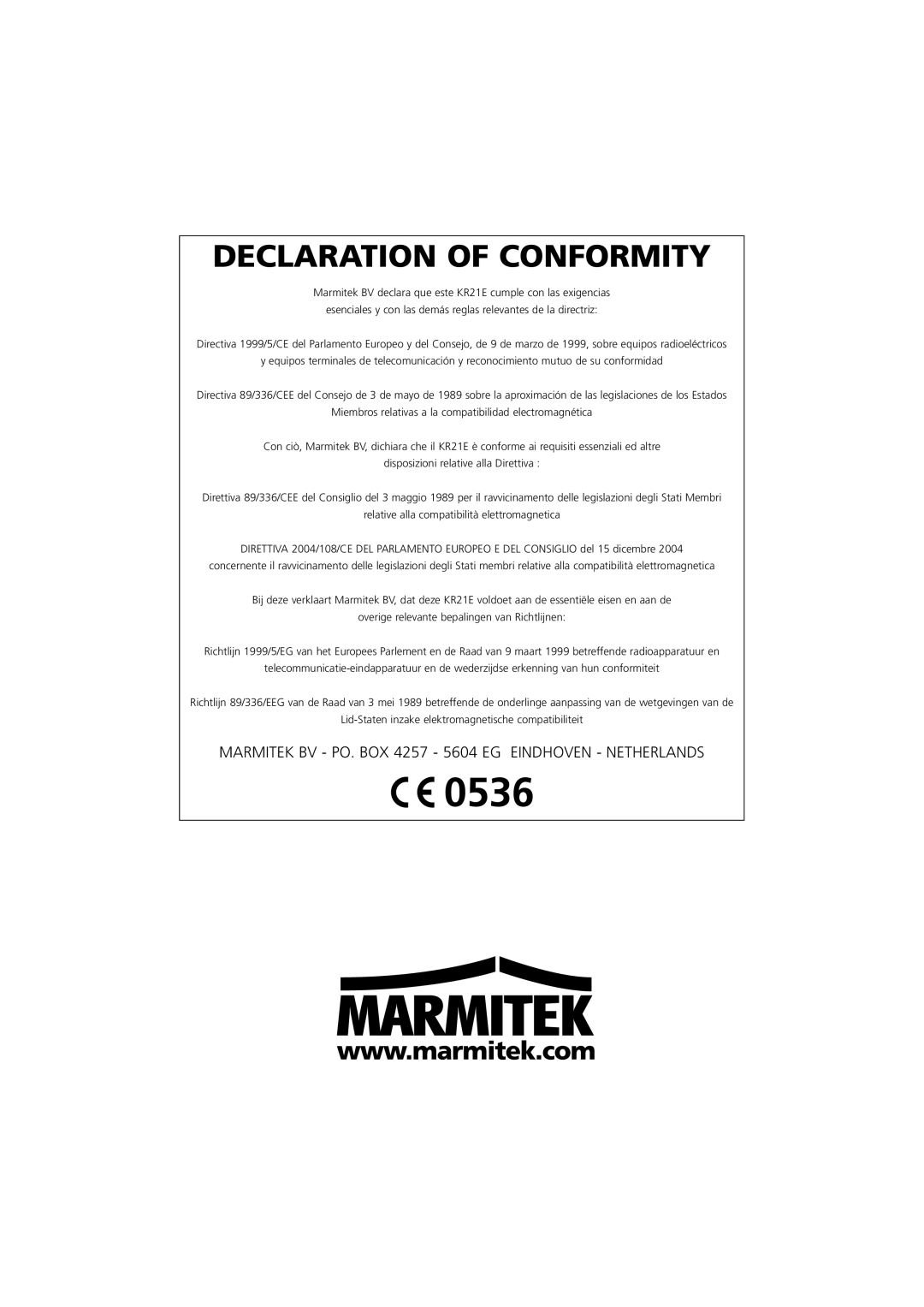 Marmitek 20075/20070403 user manual Declaration of Conformity 