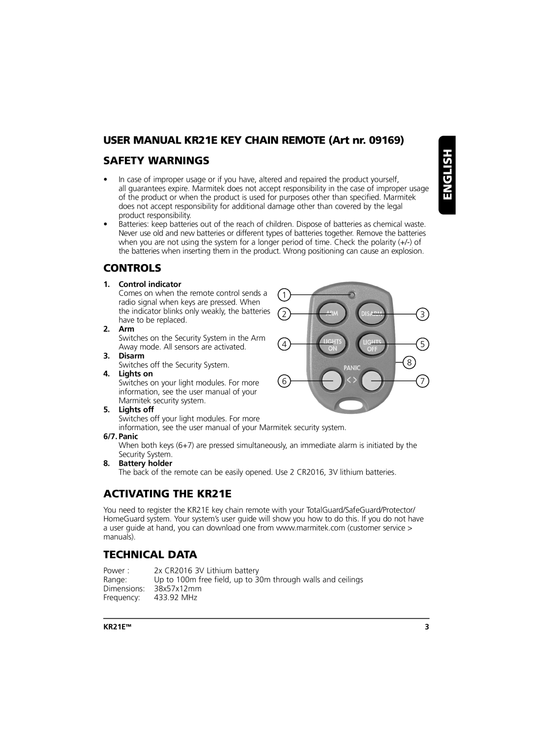 Marmitek 20075/20070403 user manual English, Safety Warnings, Controls, Activating the KR21E Technical Data 