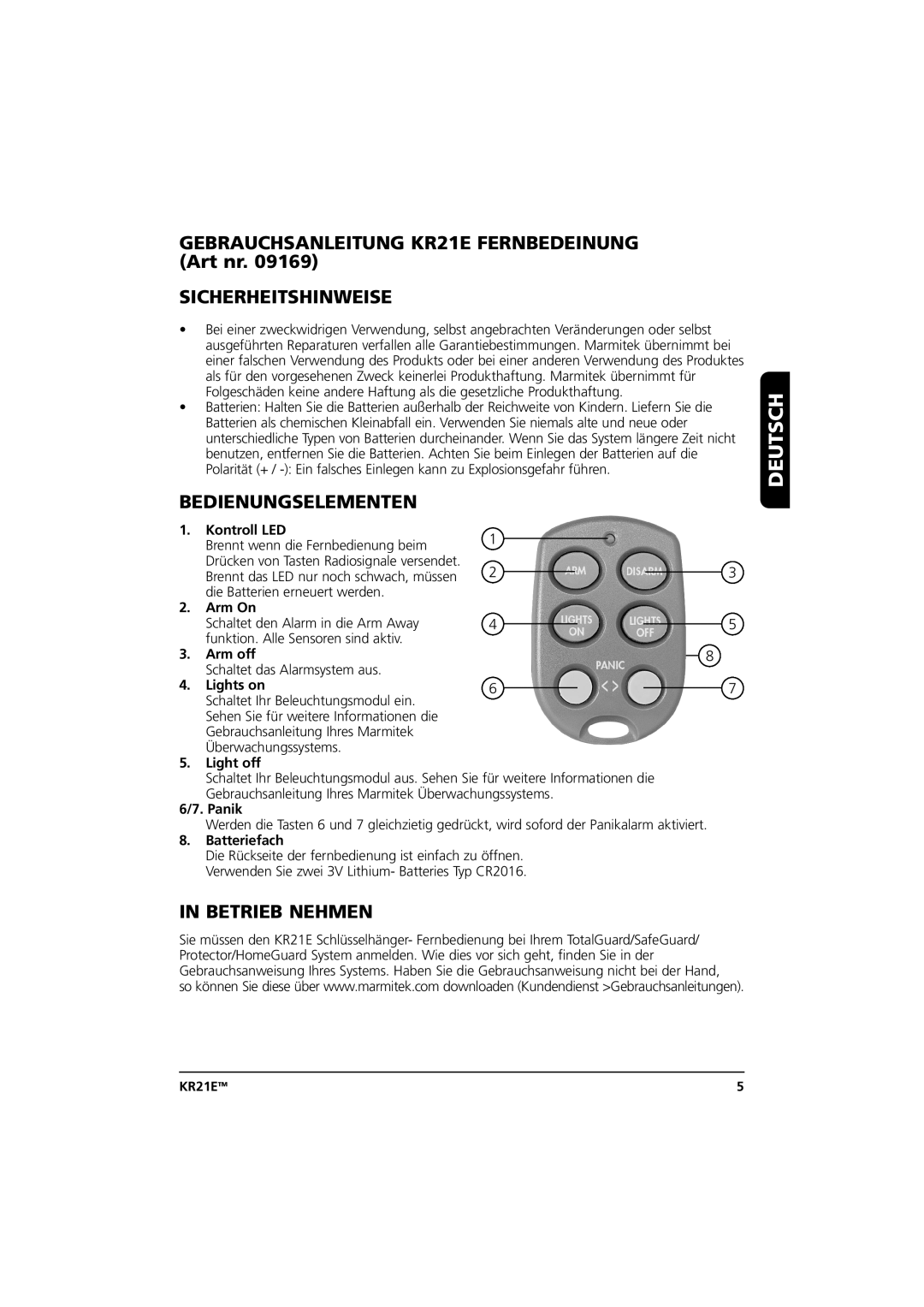 Marmitek 20075/20070403 user manual Deutsch, Sicherheitshinweise, Bedienungselementen, Betrieb Nehmen 