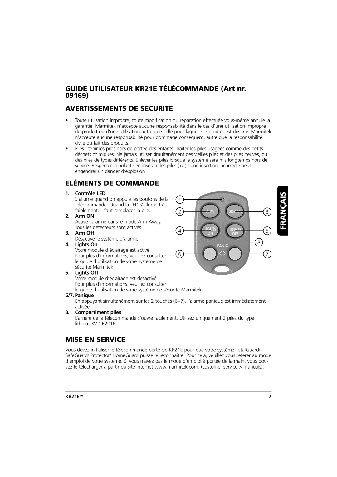 Marmitek 20075/20070403 user manual Français, Avertissements DE Securite, Eléments DE Commande, Mise EN Service 