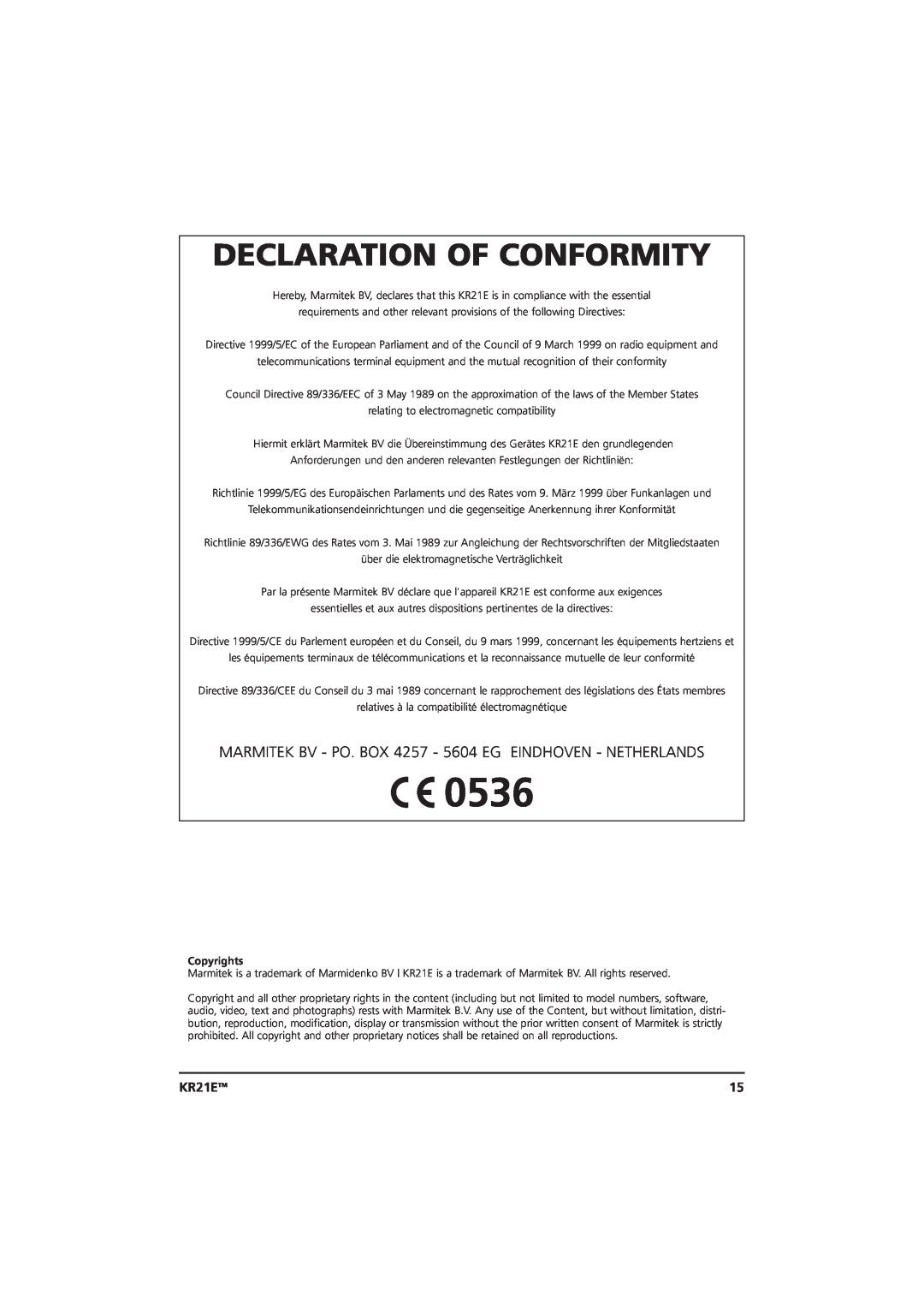 Marmitek 20075/20070403 user manual Declaration Of Conformity, KR21ETM, Copyrights 
