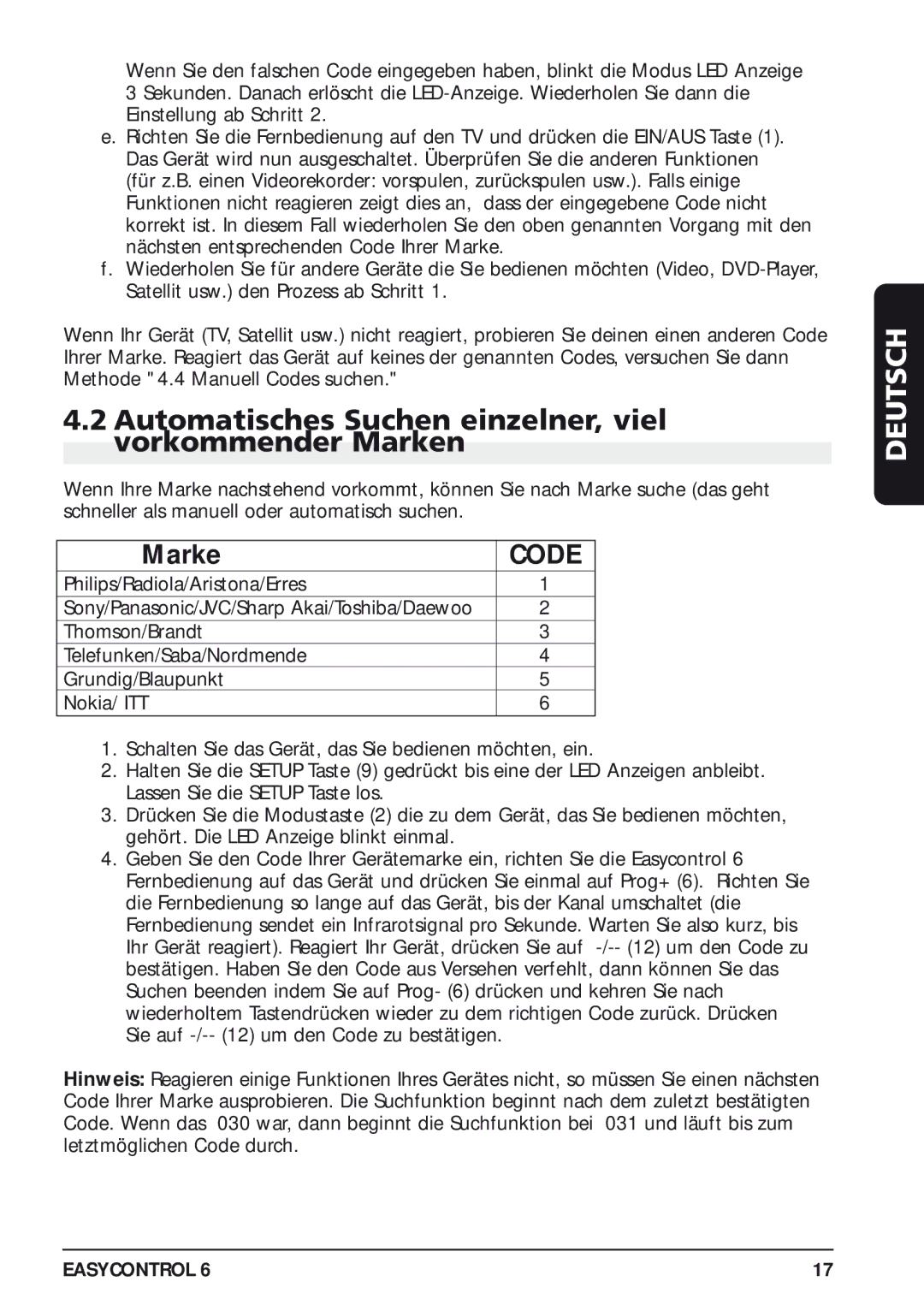 Marmitek 20097/130405 owner manual Automatisches Suchen einzelner, viel vorkommender Marken 