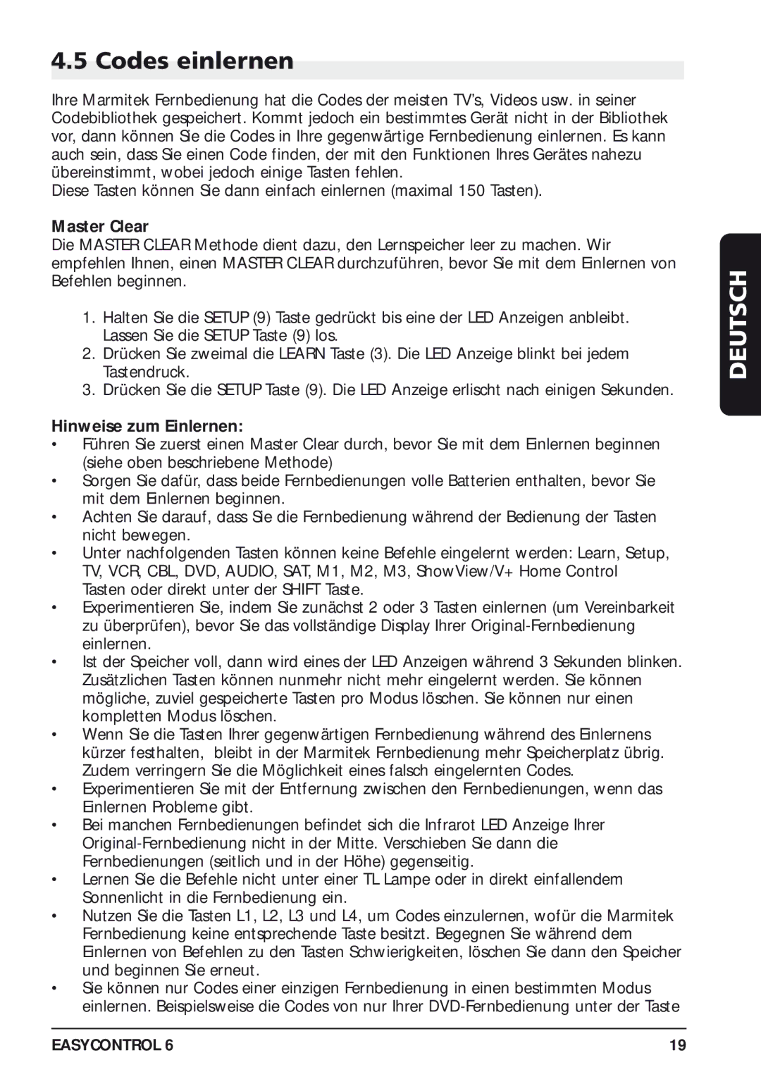 Marmitek 20097/130405 owner manual Codes einlernen, Hinweise zum Einlernen 