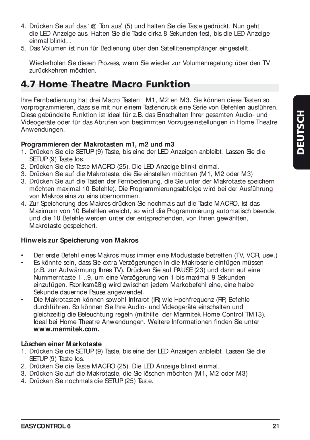 Marmitek 20097/130405 Home Theatre Macro Funktion, Programmieren der Makrotasten m1, m2 und m3, Löschen einer Markotaste 