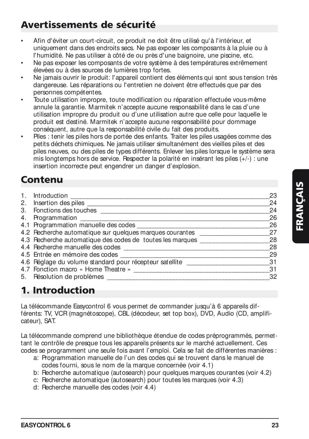 Marmitek 20097/130405 owner manual Avertissements de sécurité, Contenu, Introduction 