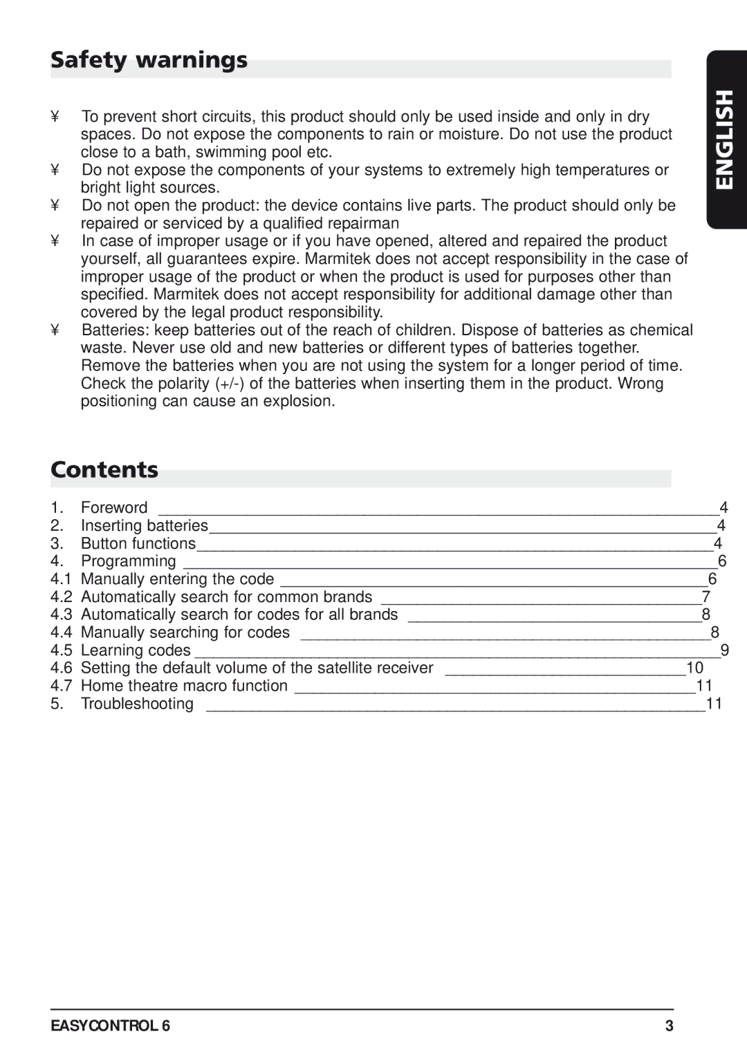 Marmitek 20097/130405 owner manual Safety warnings, Contents 