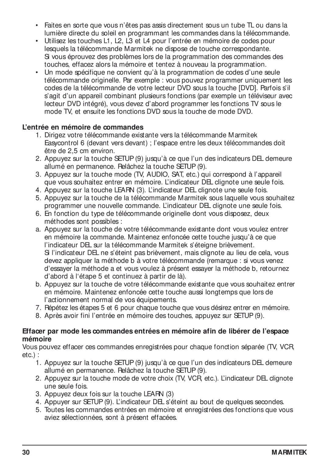 Marmitek 20097/130405 owner manual ’entrée en mémoire de commandes 