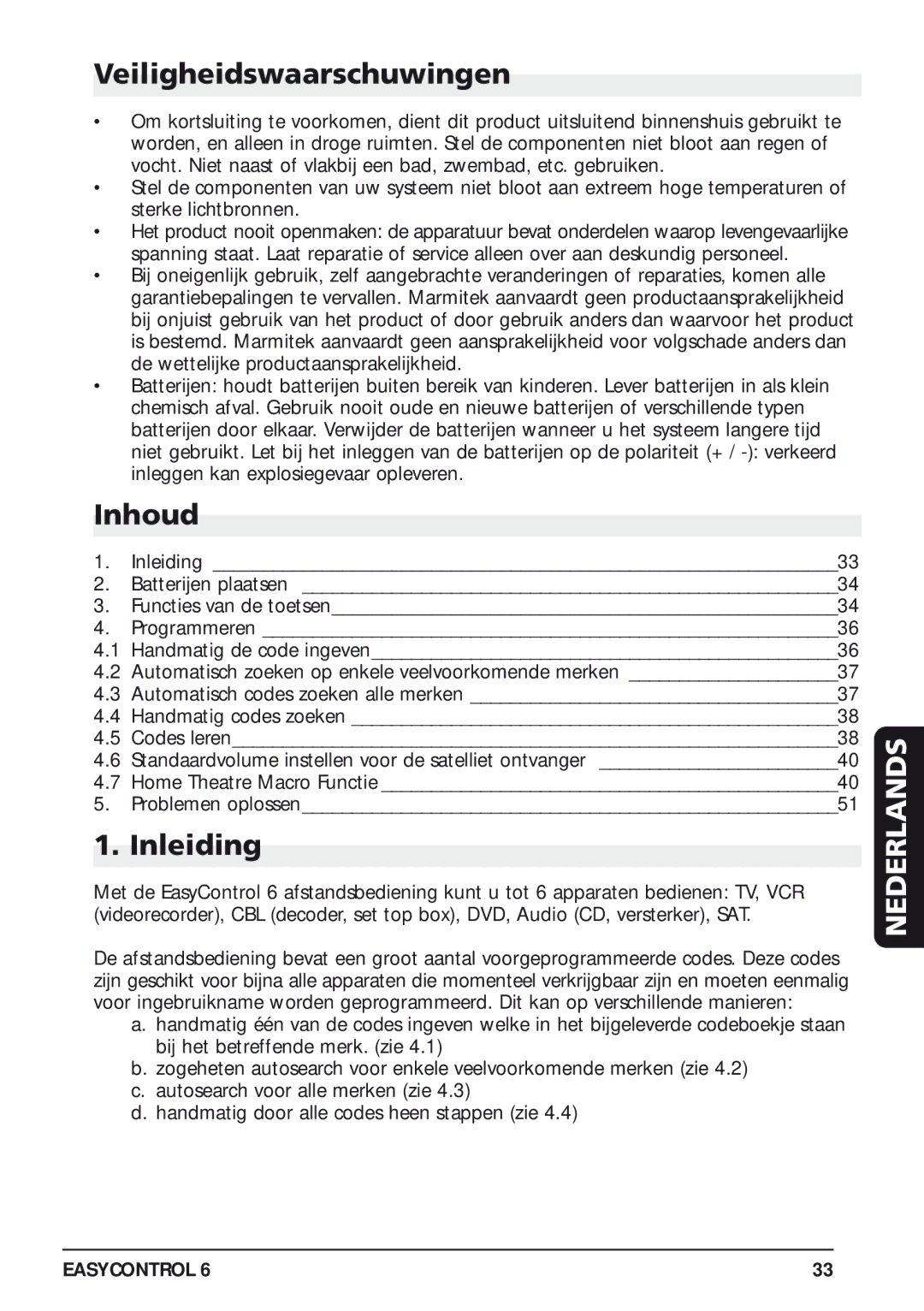 Marmitek 20097/130405 owner manual Veiligheidswaarschuwingen, Inhoud, Inleiding 