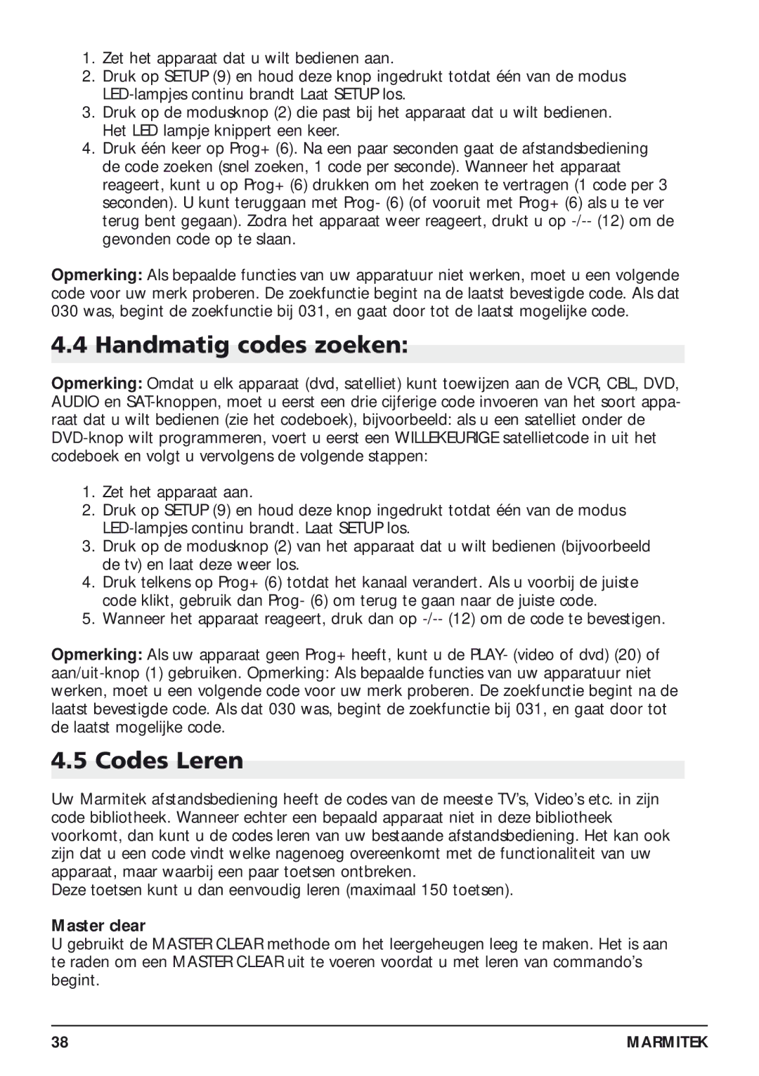 Marmitek 20097/130405 owner manual Handmatig codes zoeken, Codes Leren 