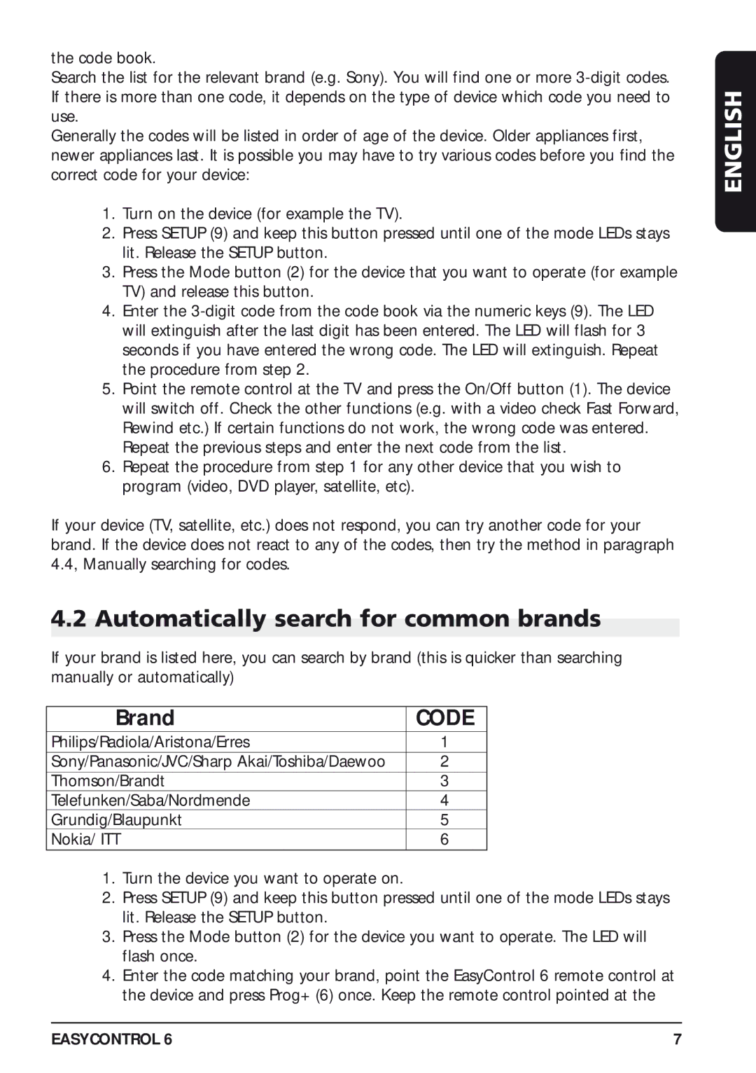 Marmitek 20097/130405 owner manual Automatically search for common brands, Code 