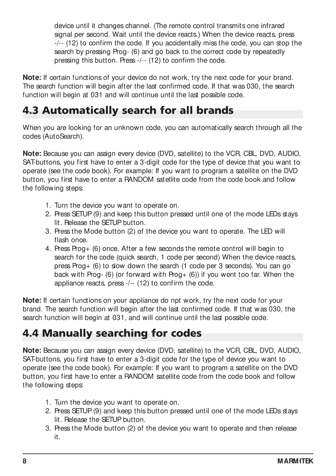 Marmitek 20097/130405 owner manual Automatically search for all brands, Manually searching for codes 
