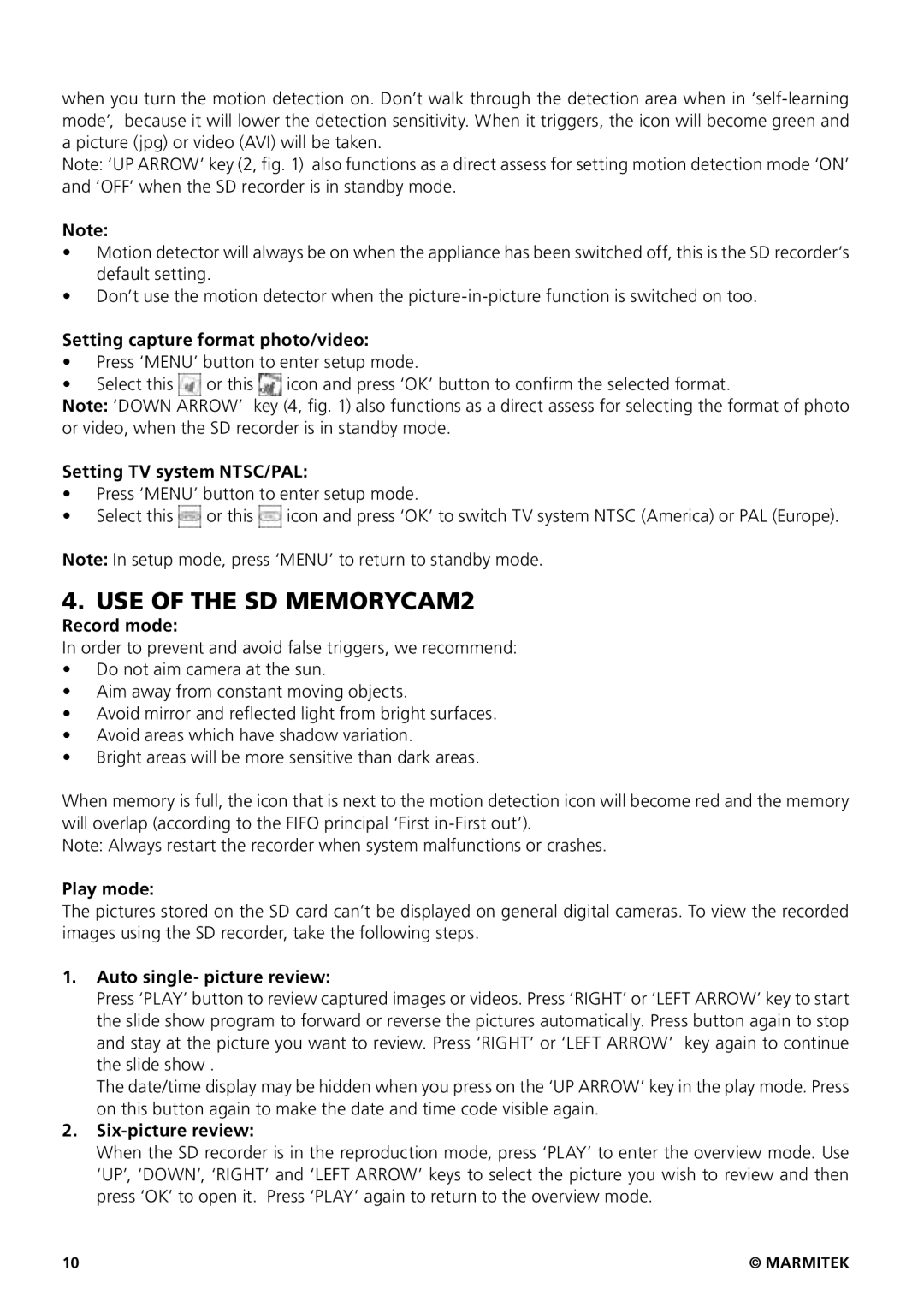 Marmitek 20207 / 20070419 Setting capture format photo/video, Setting TV system NTSC/PAL, Record mode, Play mode 