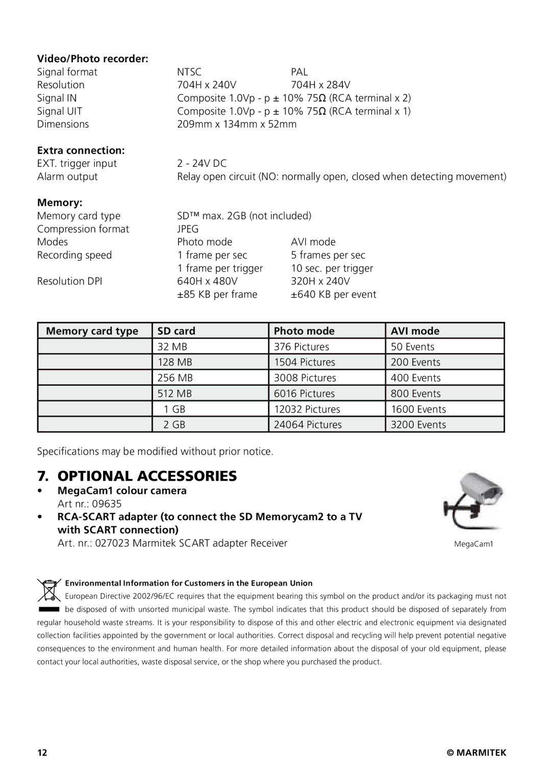 Marmitek 20207 / 20070419 Optional Accessories, Extra connection, Memory card type SD card Photo mode AVI mode 