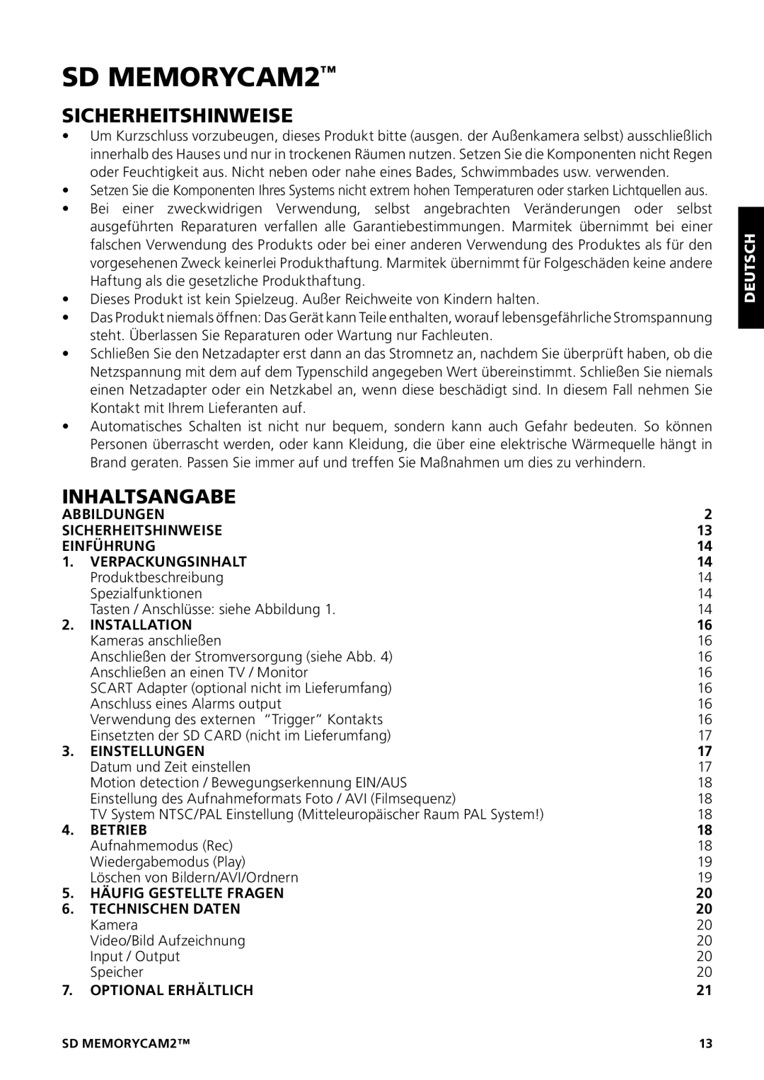 Marmitek 20207 / 20070419 user manual Sicherheitshinweise, Inhaltsangabe 