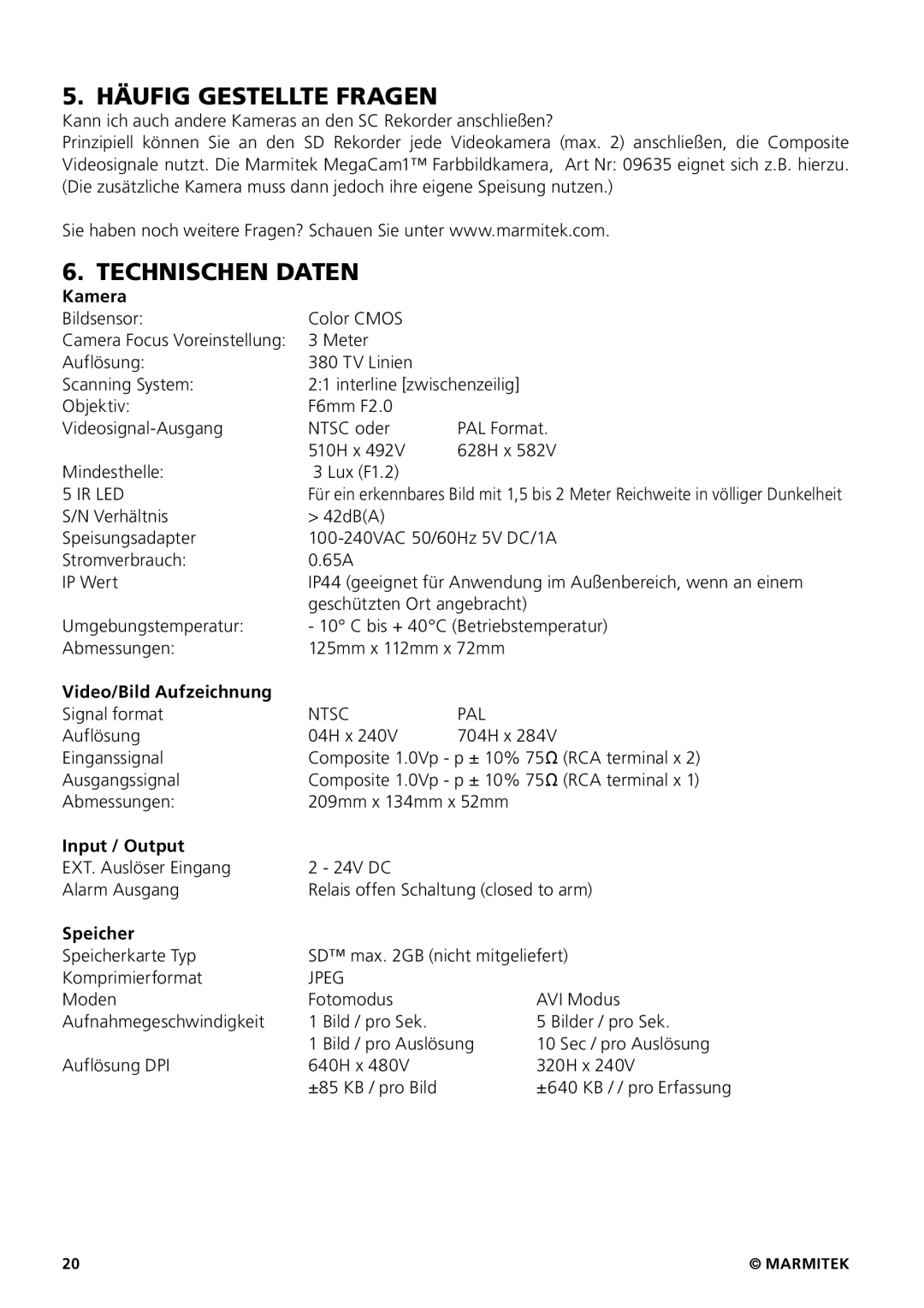 Marmitek 20207 / 20070419 user manual Häufig Gestellte Fragen, Technischen Daten 