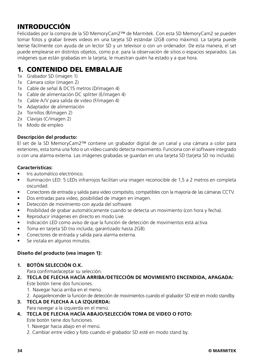 Marmitek 20207 / 20070419 user manual Introducción, Contenido DEL Embalaje, Botón Selección O.K 