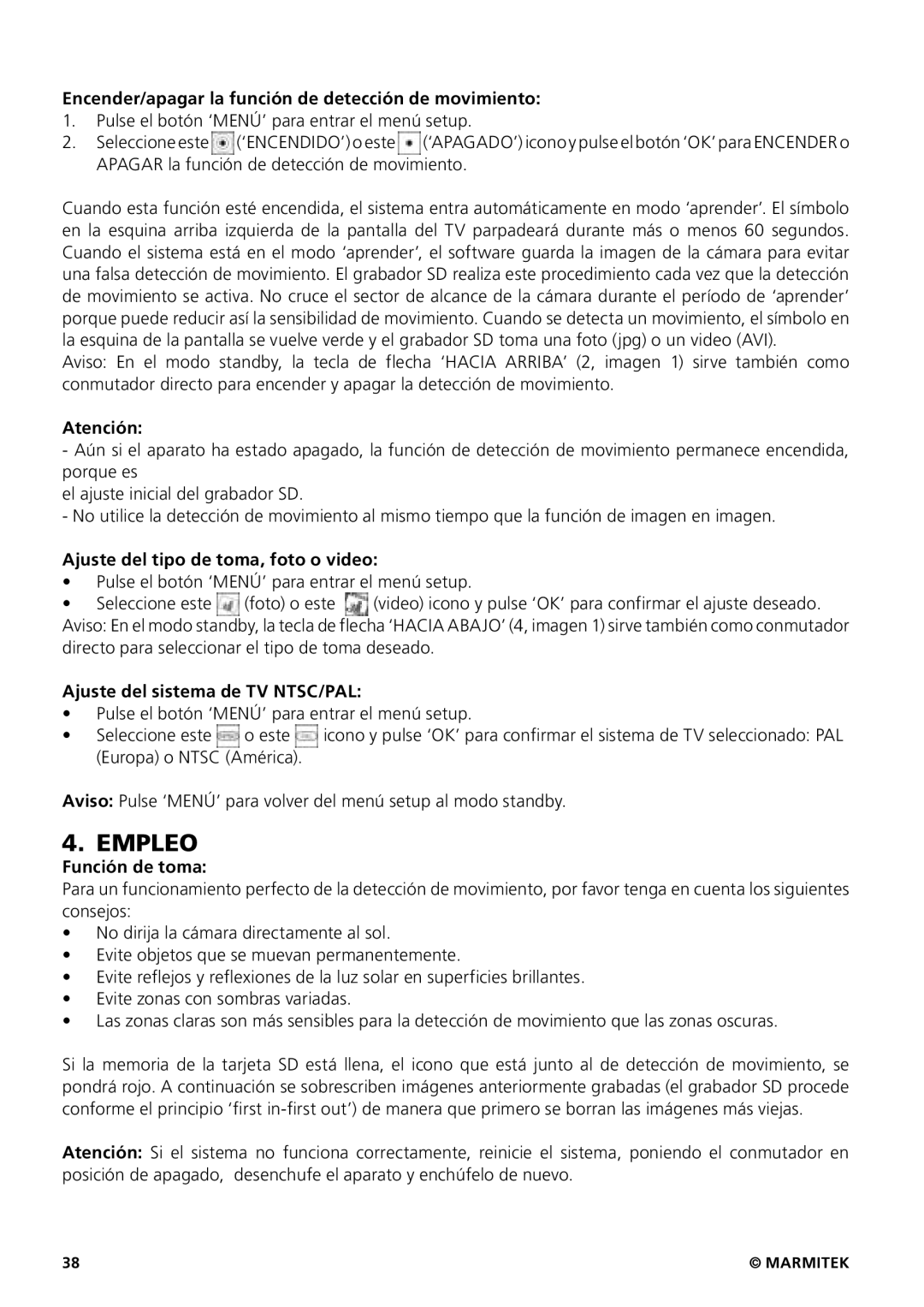 Marmitek 20207 / 20070419 Empleo, Encender/apagar la función de detección de movimiento, Ajuste del sistema de TV NTSC/PAL 