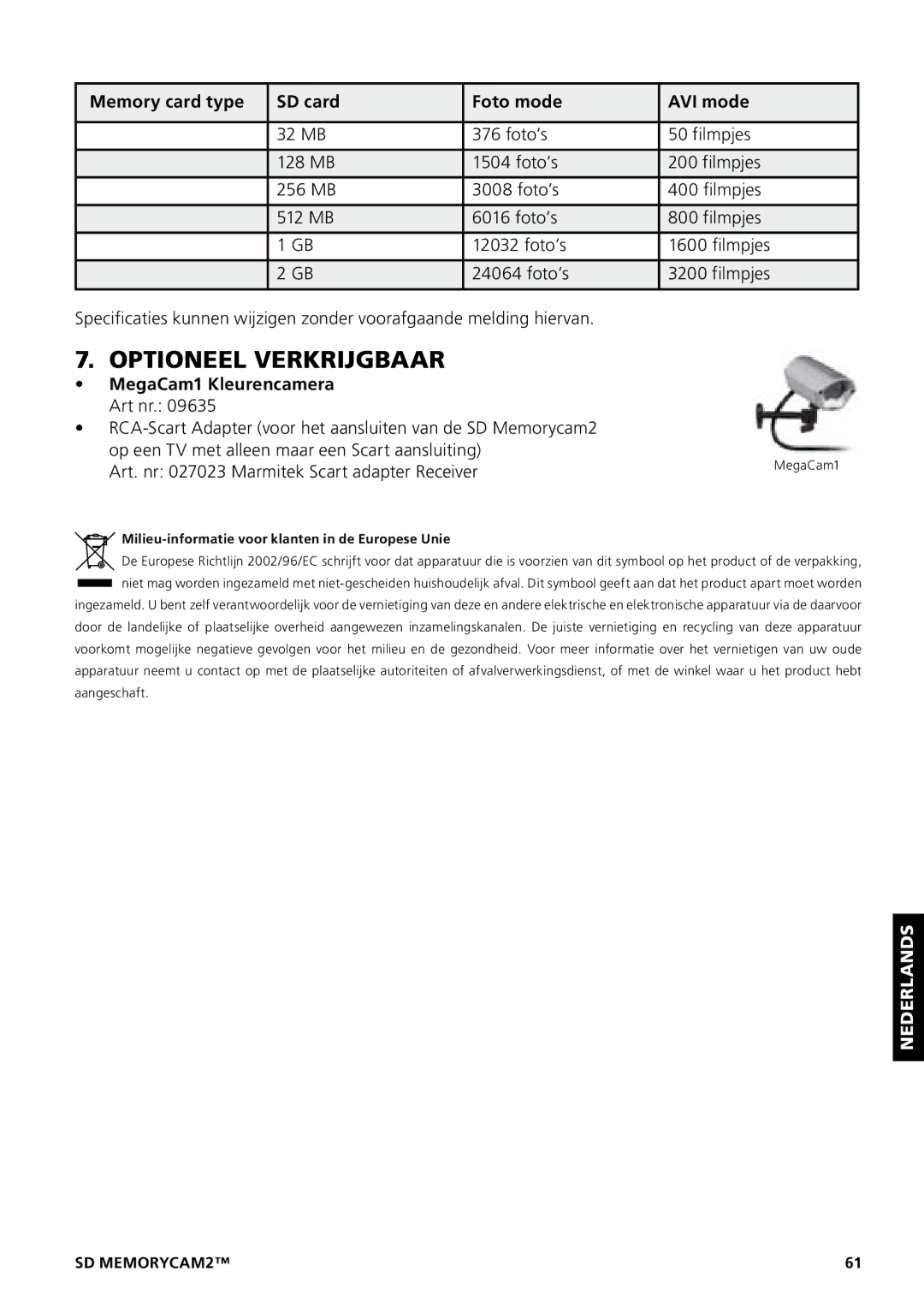 Marmitek 20207 / 20070419 user manual Optioneel Verkrijgbaar, Memory card type SD card Foto mode AVI mode 