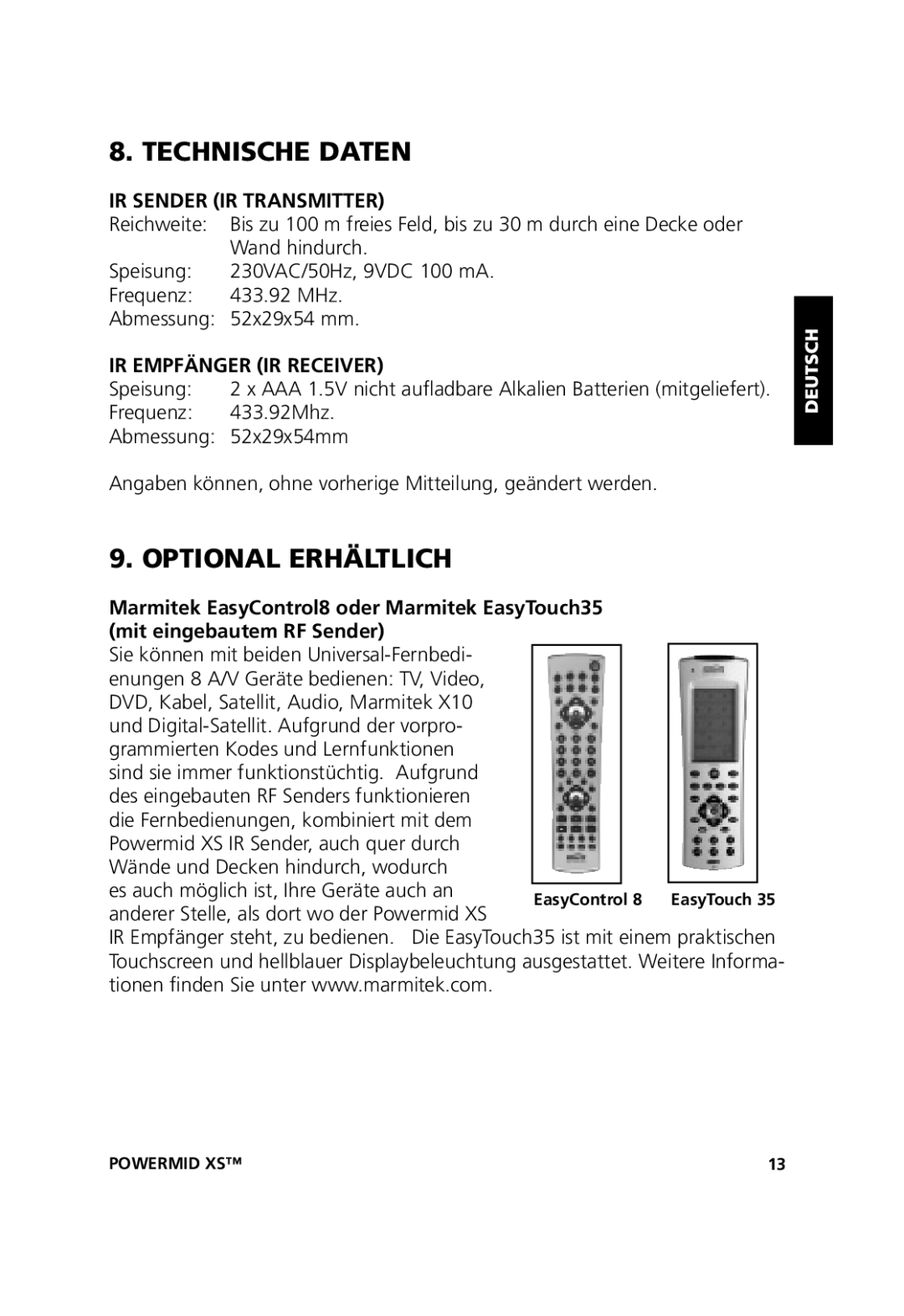 Marmitek 20071102, 20211 Technische Daten, Optional Erhältlich, IR Sender IR Transmitter, IR Empfänger IR Receiver 