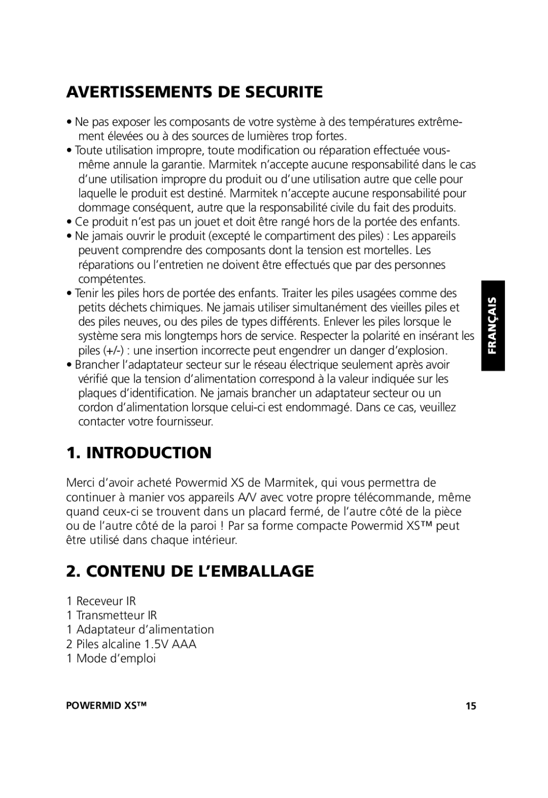 Marmitek 20071102, 20211 user manual Avertissements DE Securite, Contenu DE L’EMBALLAGE 