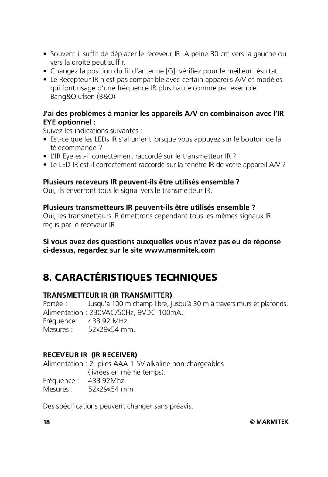 Marmitek 20211, 20071102 user manual Caractéristiques Techniques, Transmetteur IR IR Transmitter, Receveur IR IR Receiver 