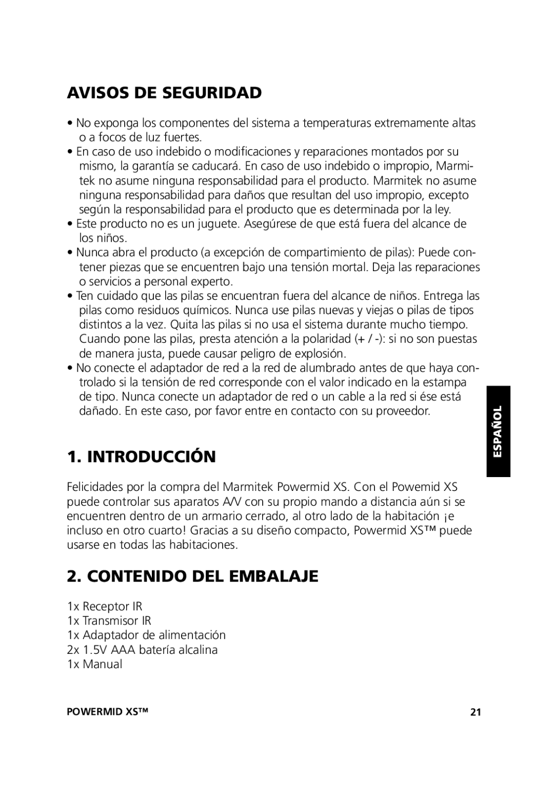 Marmitek 20071102, 20211 user manual Avisos DE Seguridad, Introducción, Contenido DEL Embalaje 