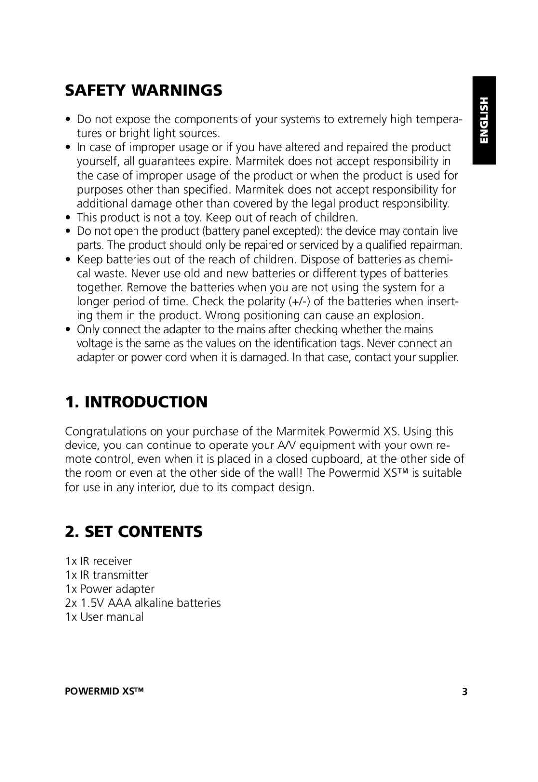 Marmitek 20071102, 20211 user manual Safety Warnings, Introduction, SET Contents 