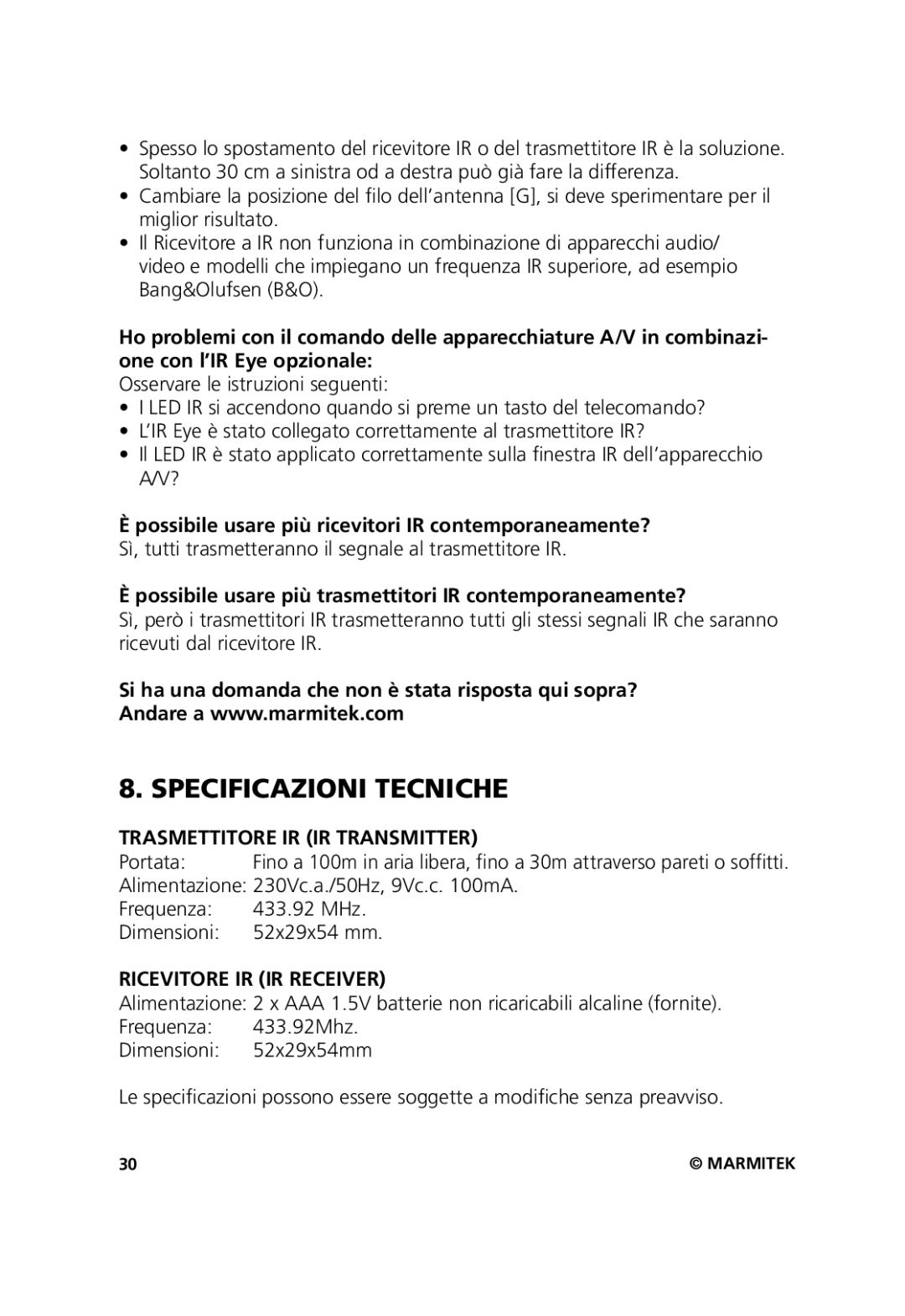 Marmitek 20211, 20071102 user manual Specificazioni Tecniche, Trasmettitore IR IR Transmitter, Ricevitore IR IR Receiver 