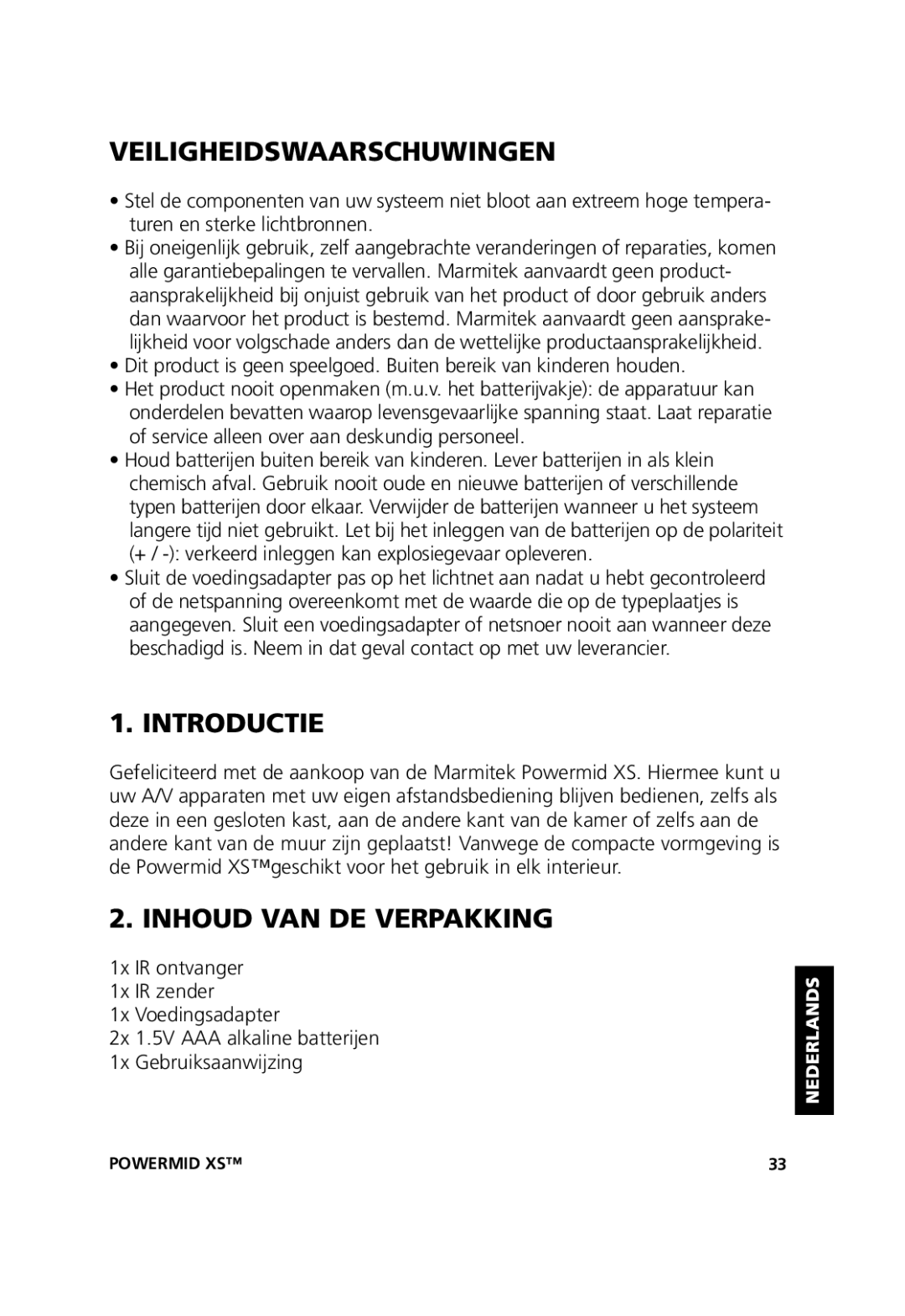 Marmitek 20071102, 20211 user manual Veiligheidswaarschuwingen, Introductie, Inhoud VAN DE Verpakking 